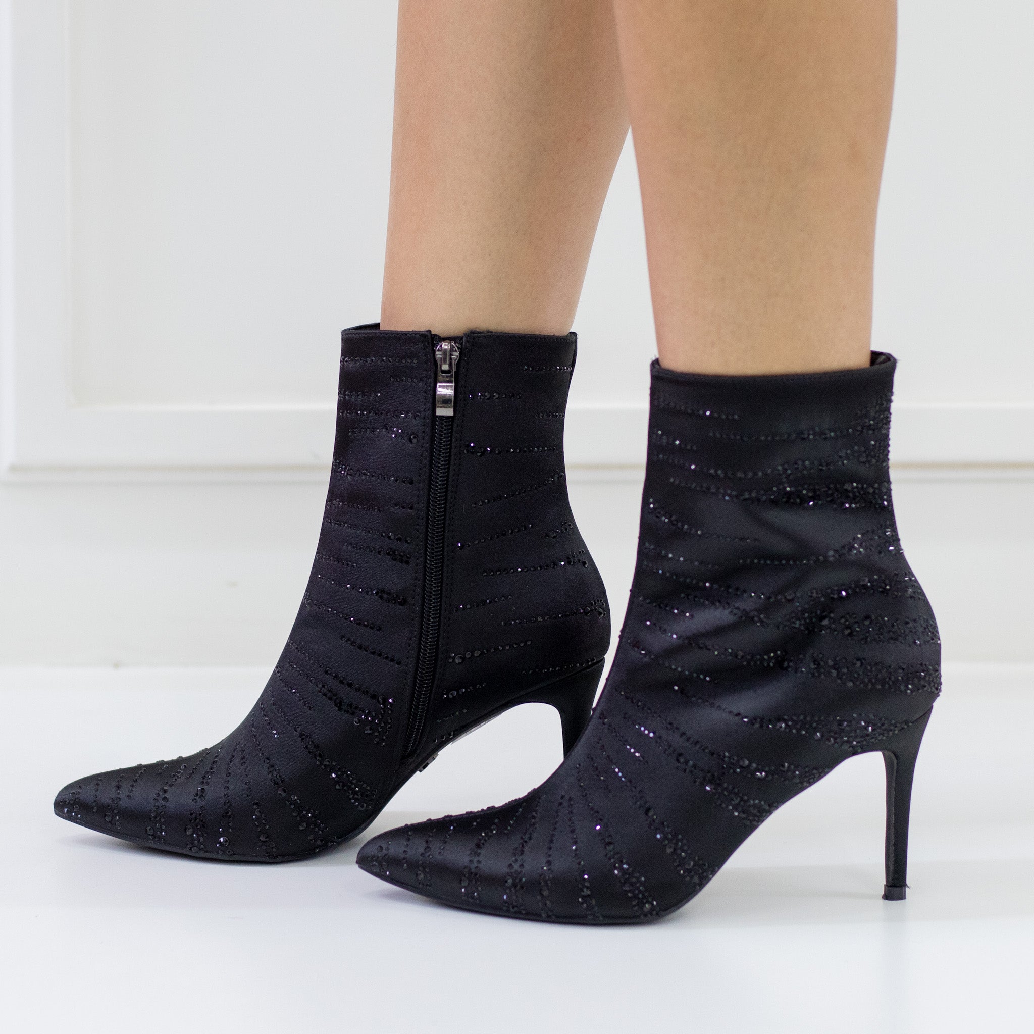 Excel diamante stripped satin 8.5cm heel pointy ankle boot black