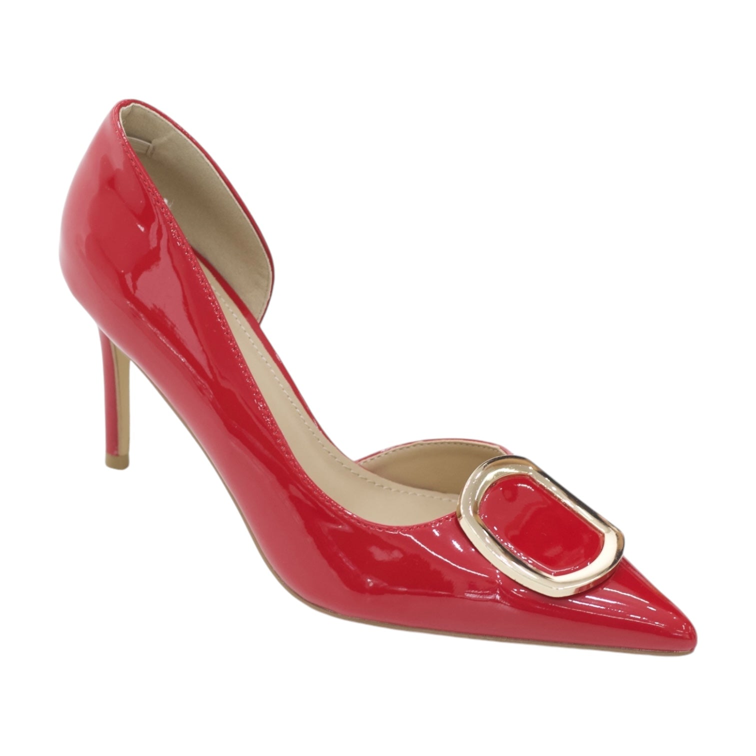 Vita open waist round trim detailed patent 9cm heel court shoe