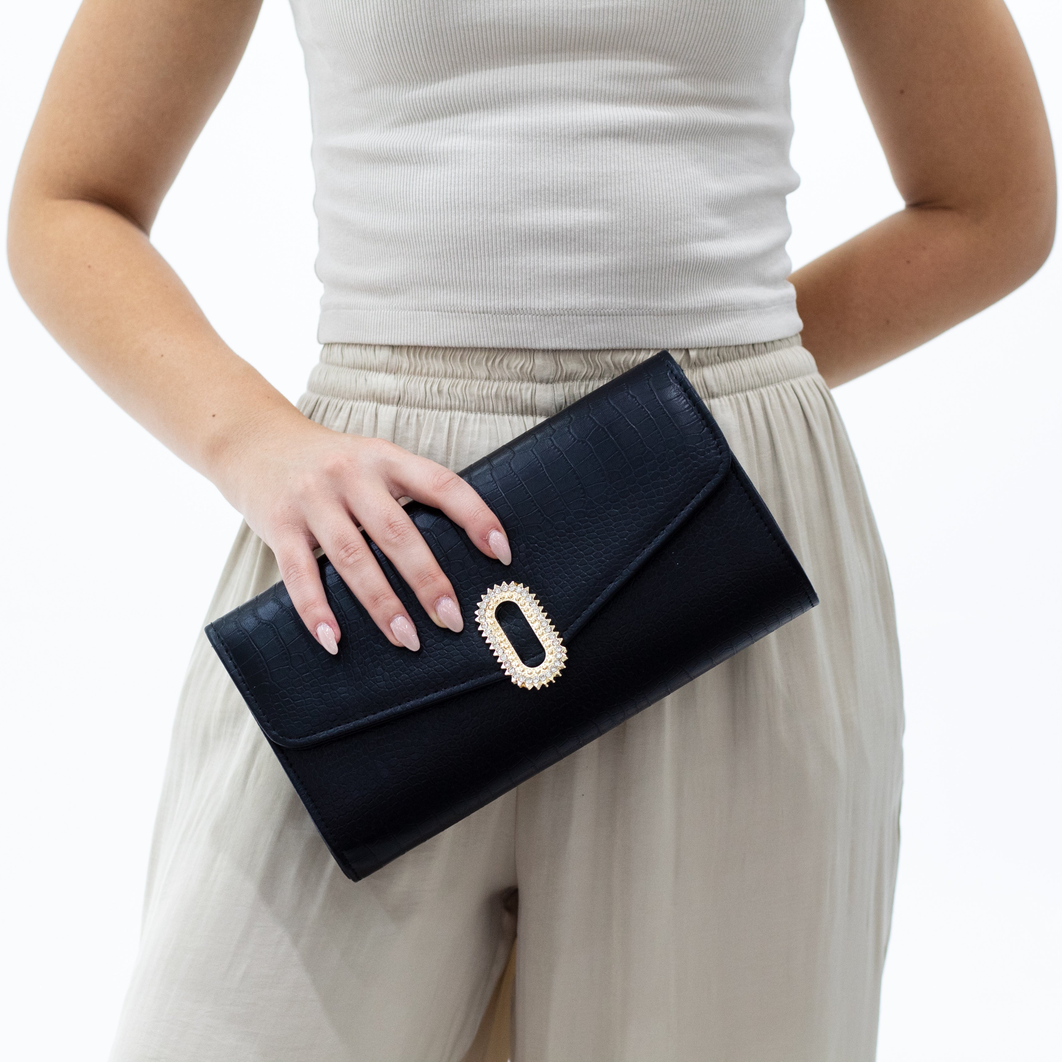 Zina faux leather gold oval trim clutch bag black