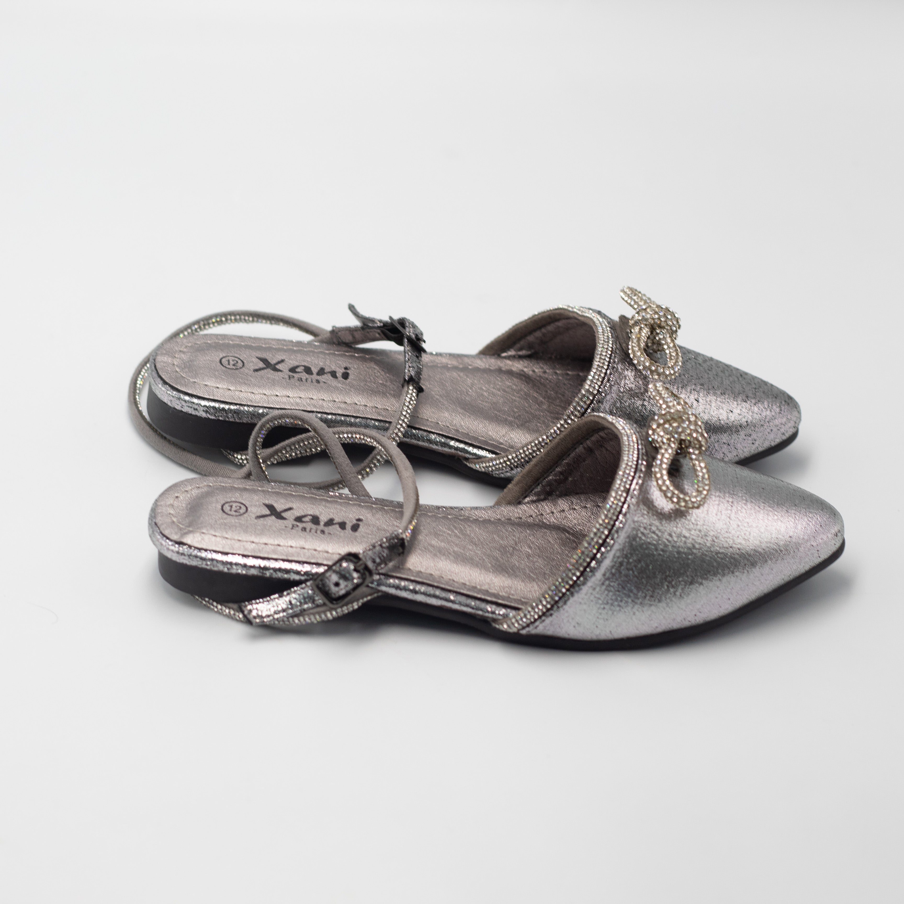 Gulfa girls ankle strap pump with diamante bow pewter