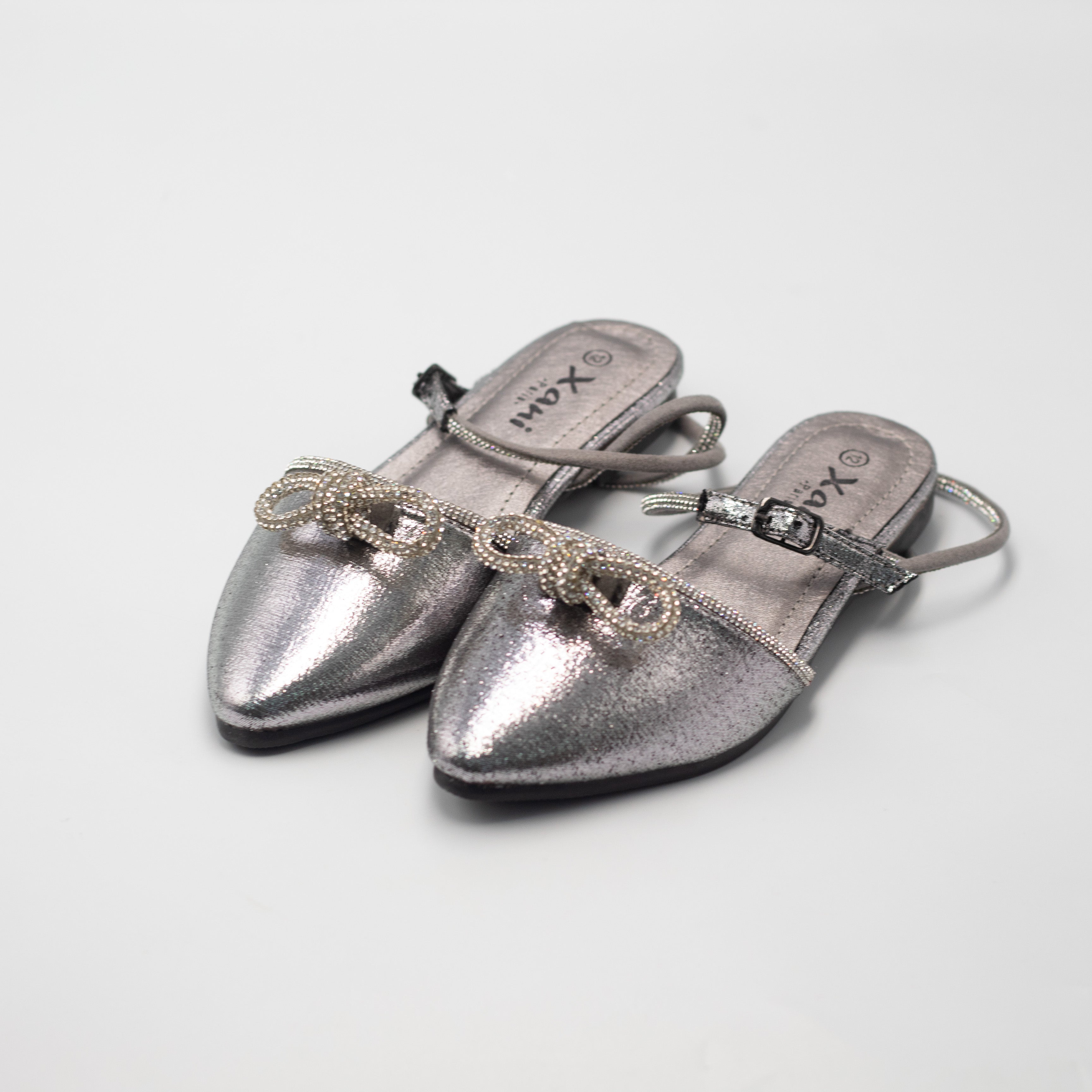 Gulfa girls ankle strap pump with diamante bow pewter