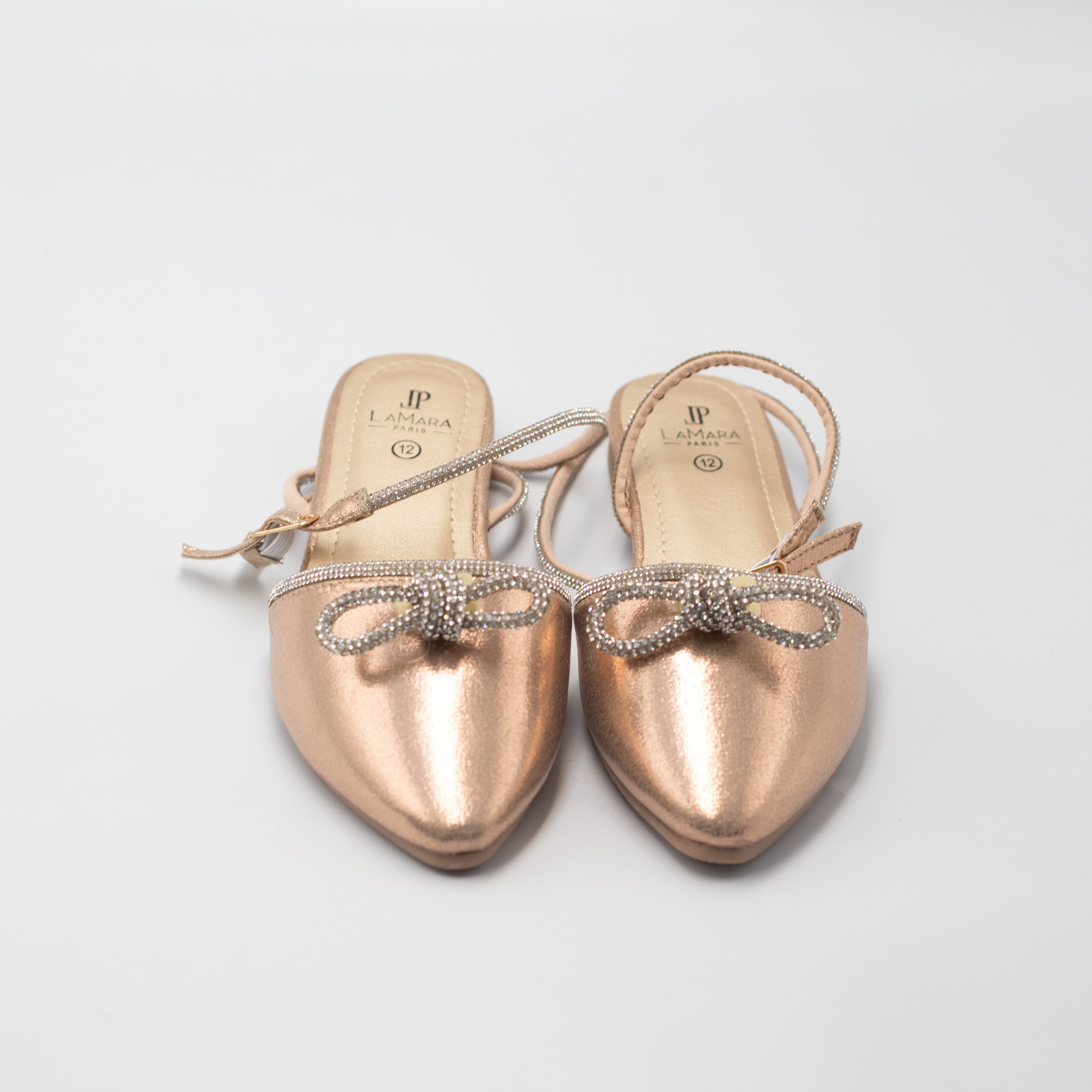 Gulfa girls ankle strap pump with diamante bow rose gold