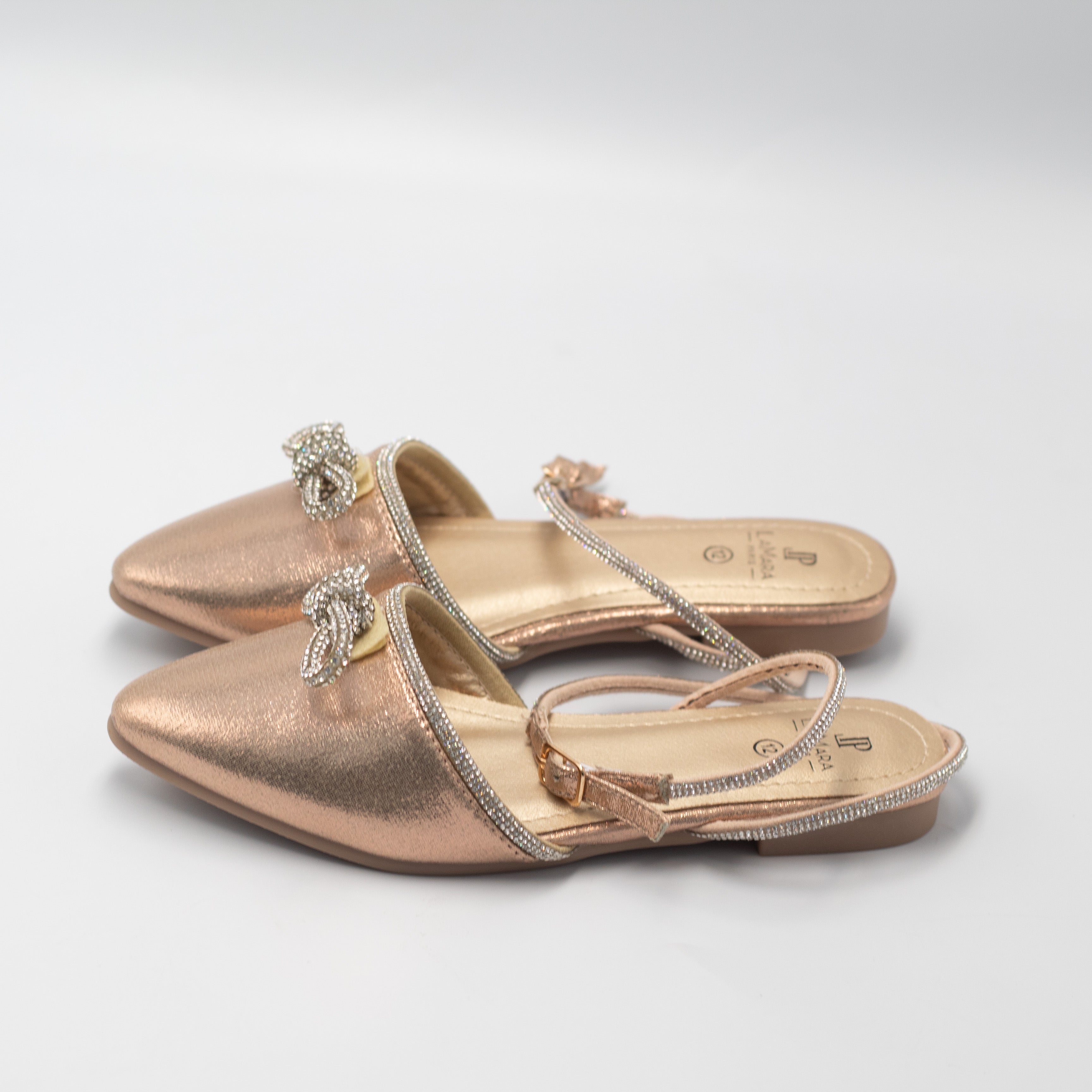 Gulfa girls ankle strap pump with diamante bow rose gold