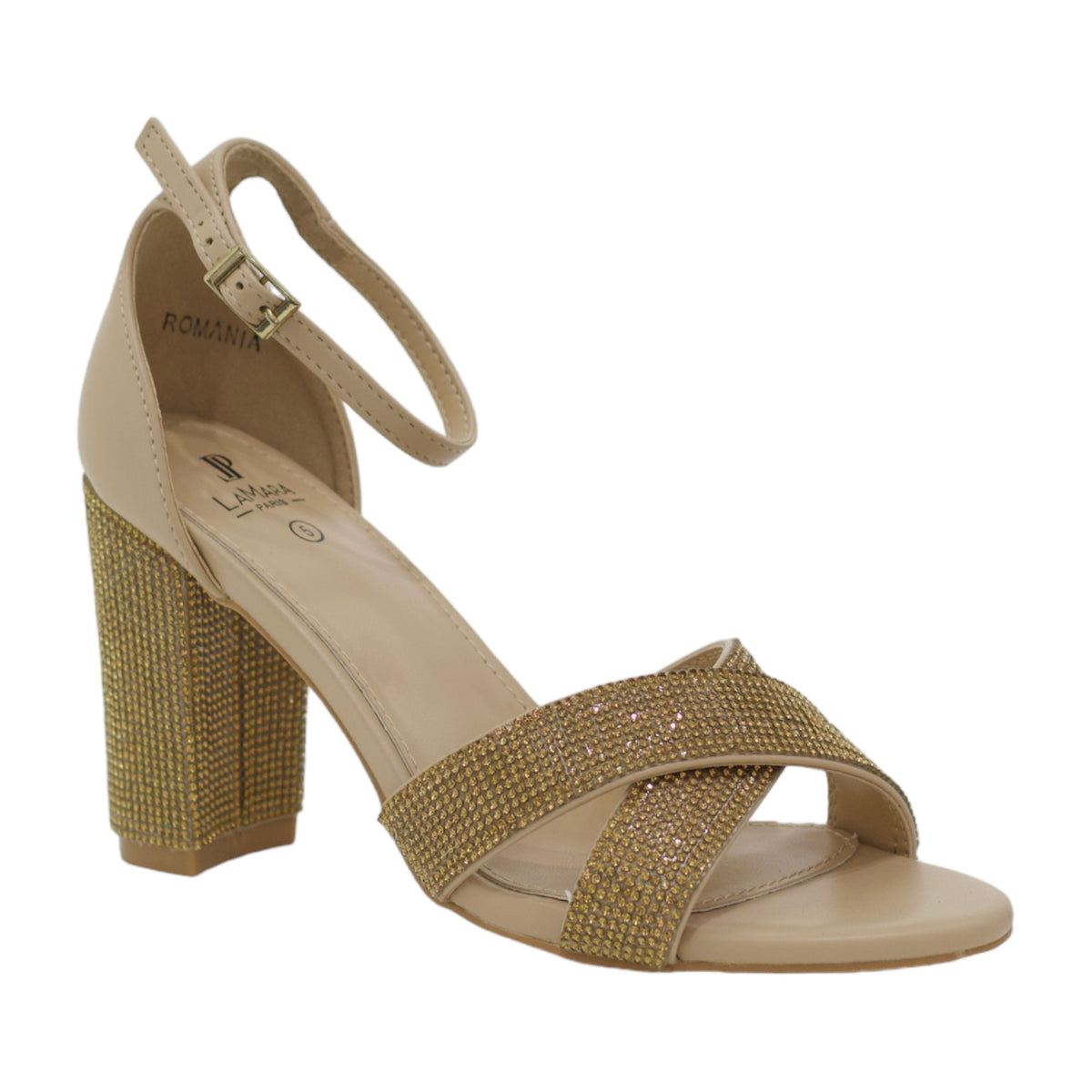 Romania diamante band ankle strap 9cm heel sandal nude