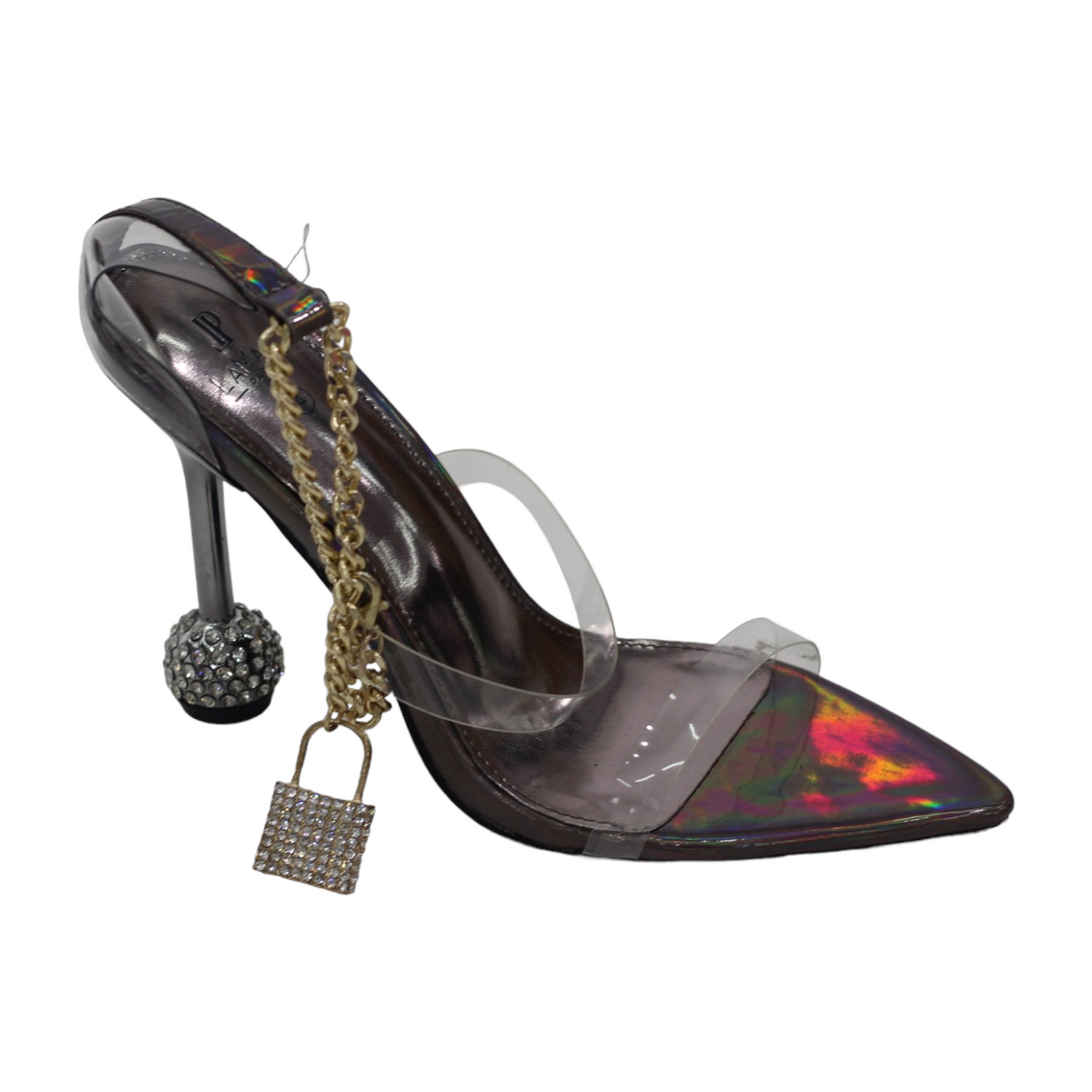 Marina double vynl band padlock chain strap sandal on ball heel base pewter