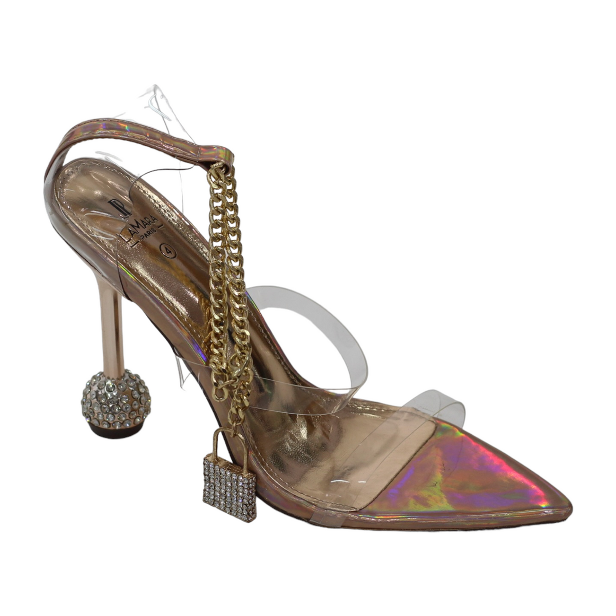 Marina double vynl band padlock chain strap sandal on ball heel base gold
