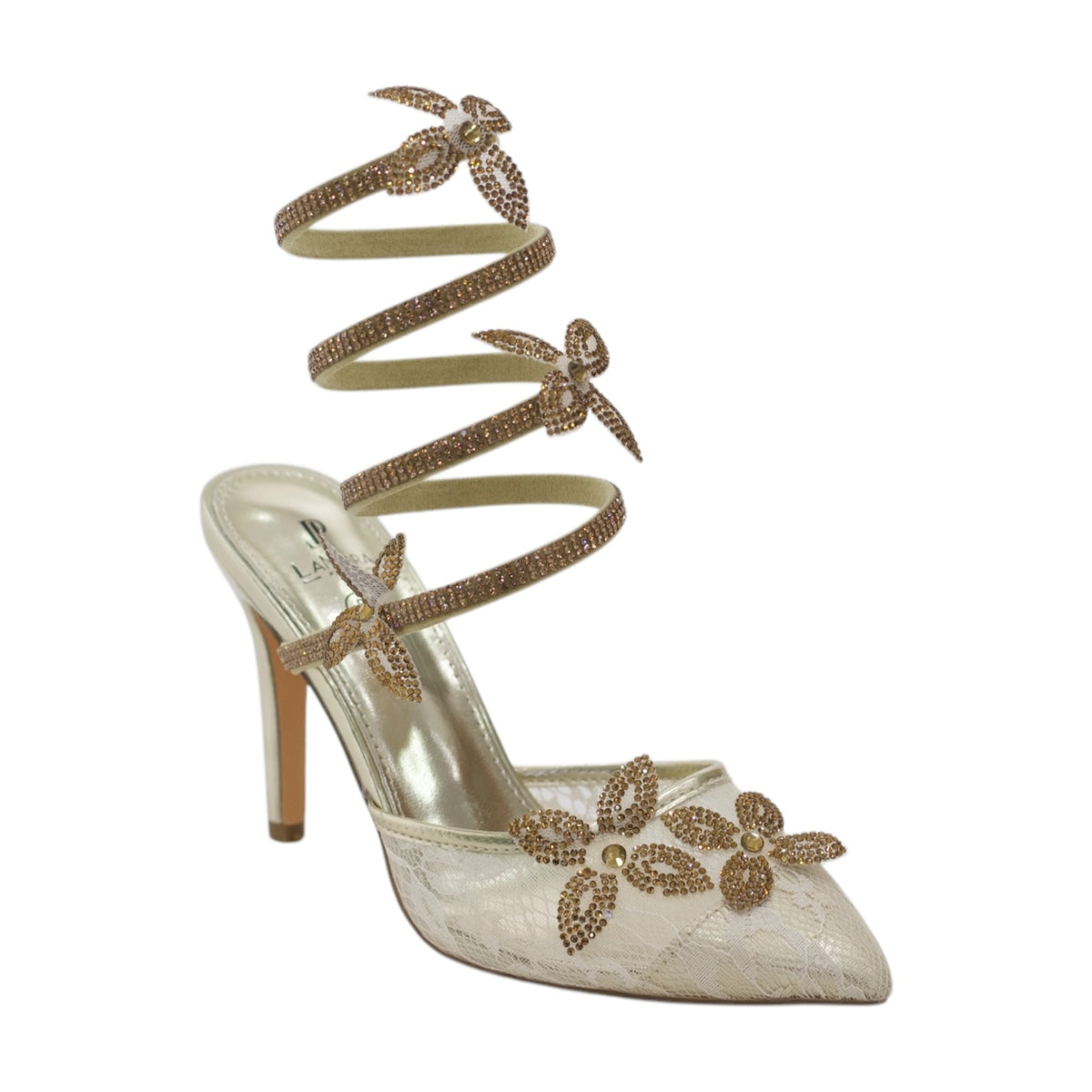 Mareeba meshed floral detail diamante spiral 9cm heel court
