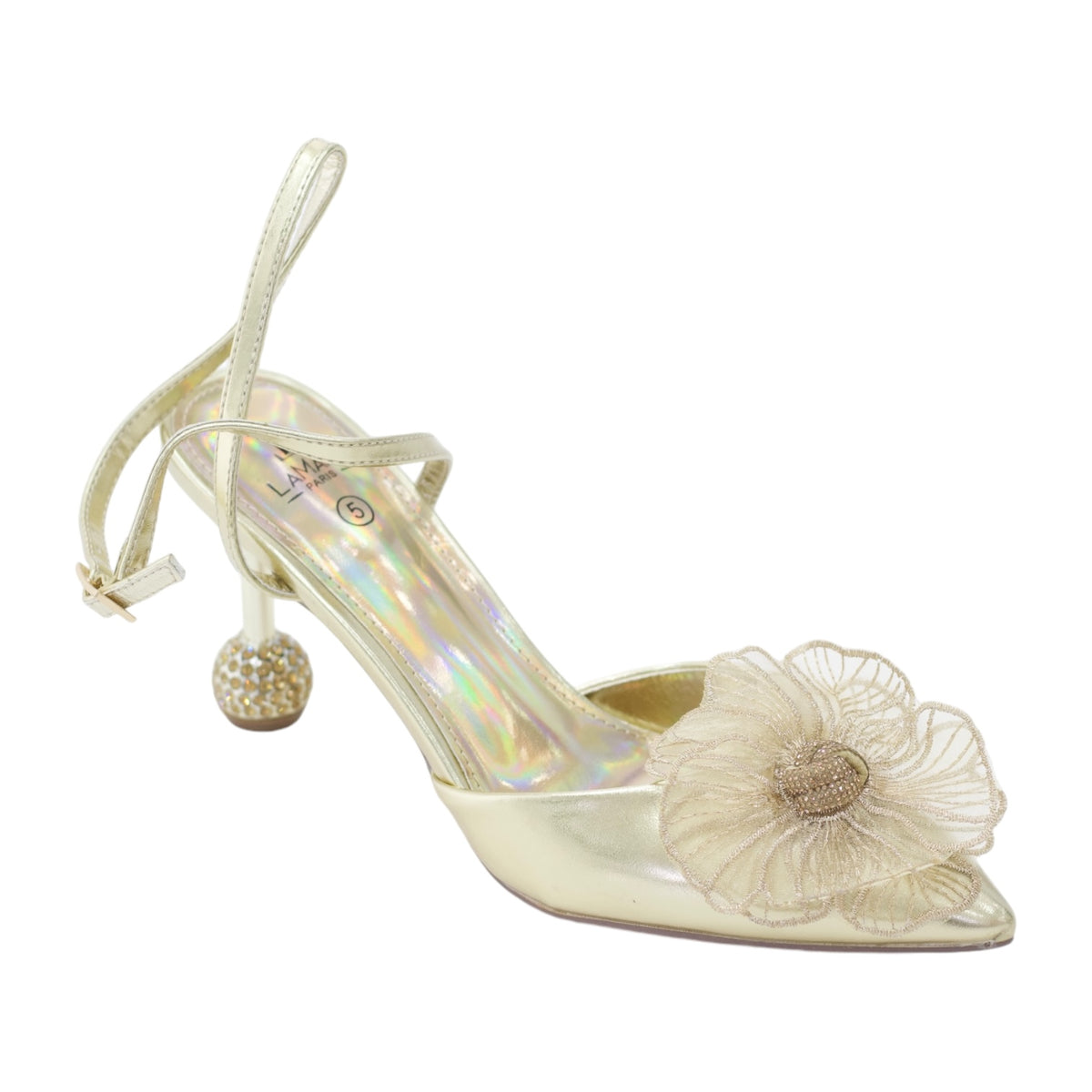 Exit glamour 8cm heel with twist blossom flower finish sling back