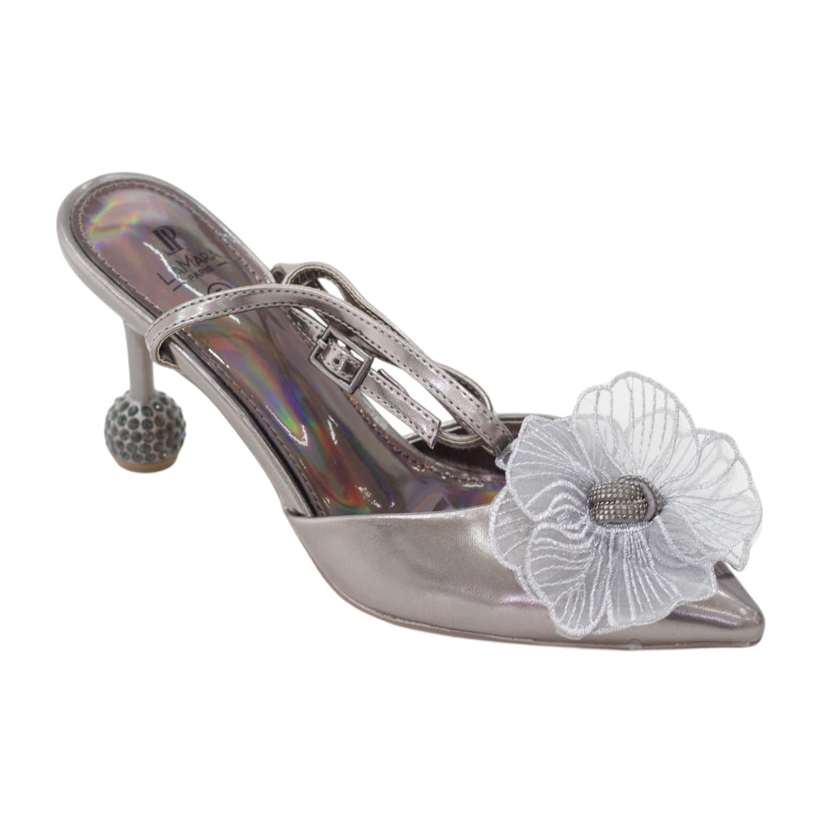 Exit glamour 8cm heel with twist blossom flower finish sling back