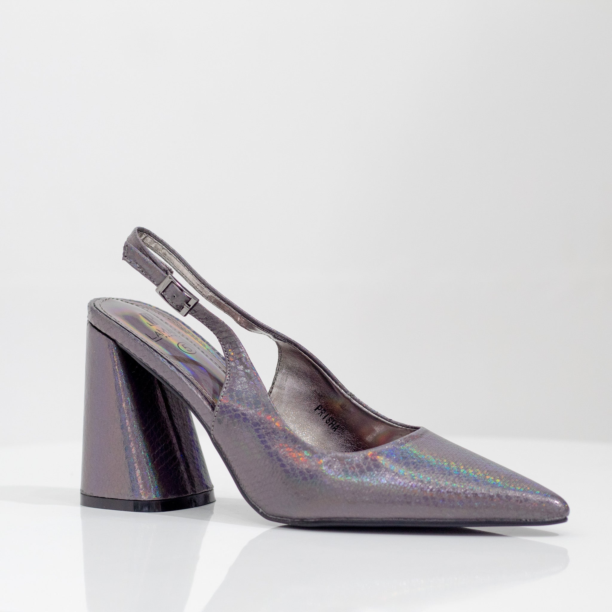 Prisha pointy sling back on a 9cm block heel pewter