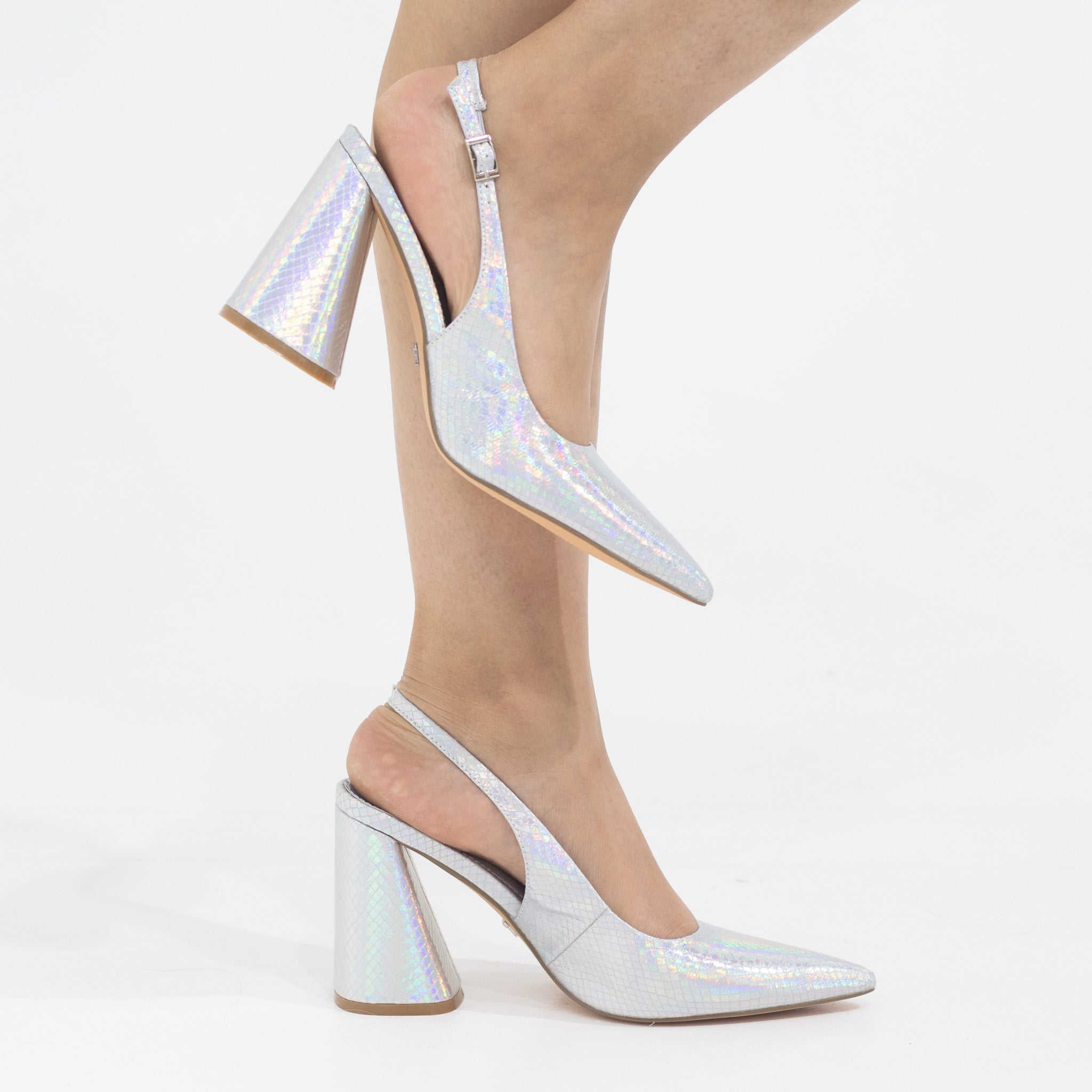 Prisha pointy sling back on a 9cm block heel silver