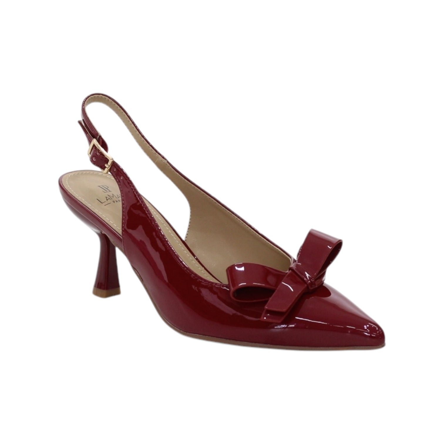 Rejaf pointy patent  sling back courts with knot trim on 7cm heel