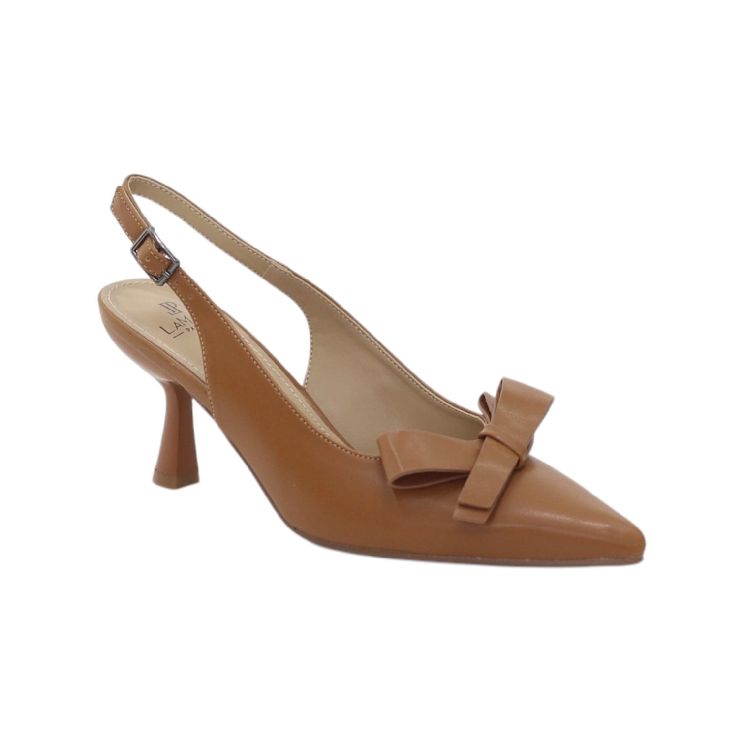 Rejaf pointy patent  sling back courts with knot trim on 7cm heel