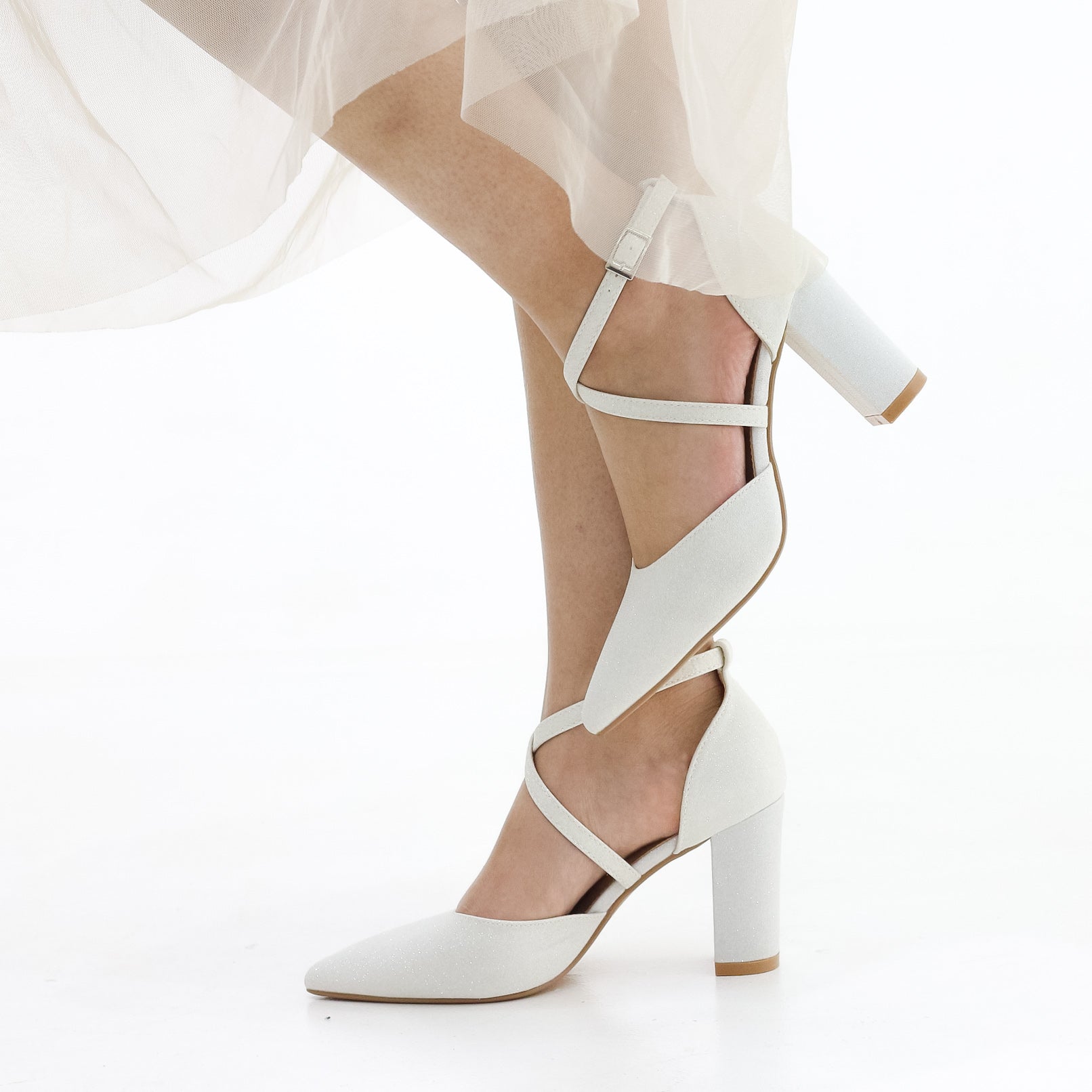 Fumi block 8.5cm  heel open waist cross over belts glitter pu