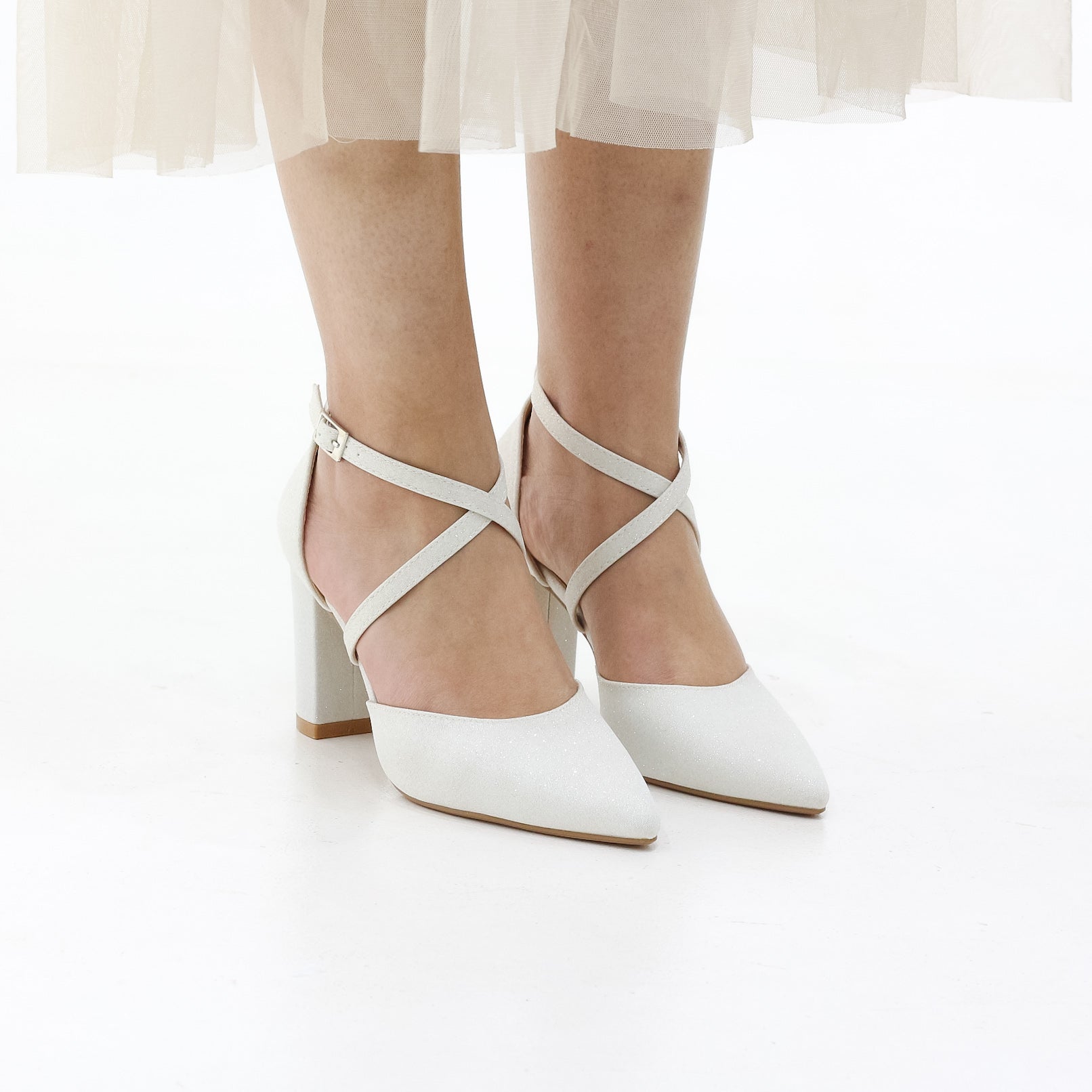 Fumi block 8.5cm  heel open waist cross over belts glitter pu