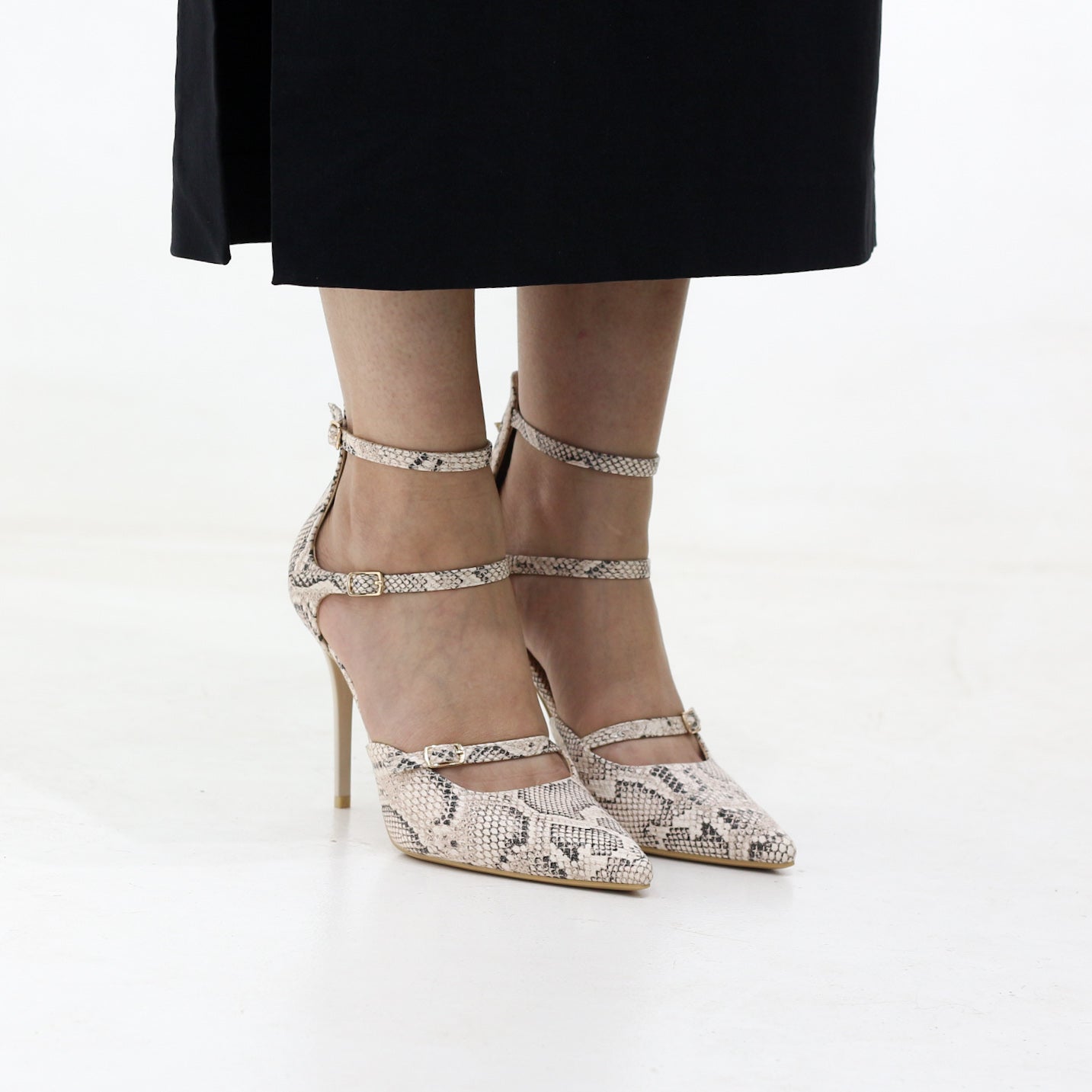 Moss triple-strap pointed stiletto 10.5cm heel with buckles