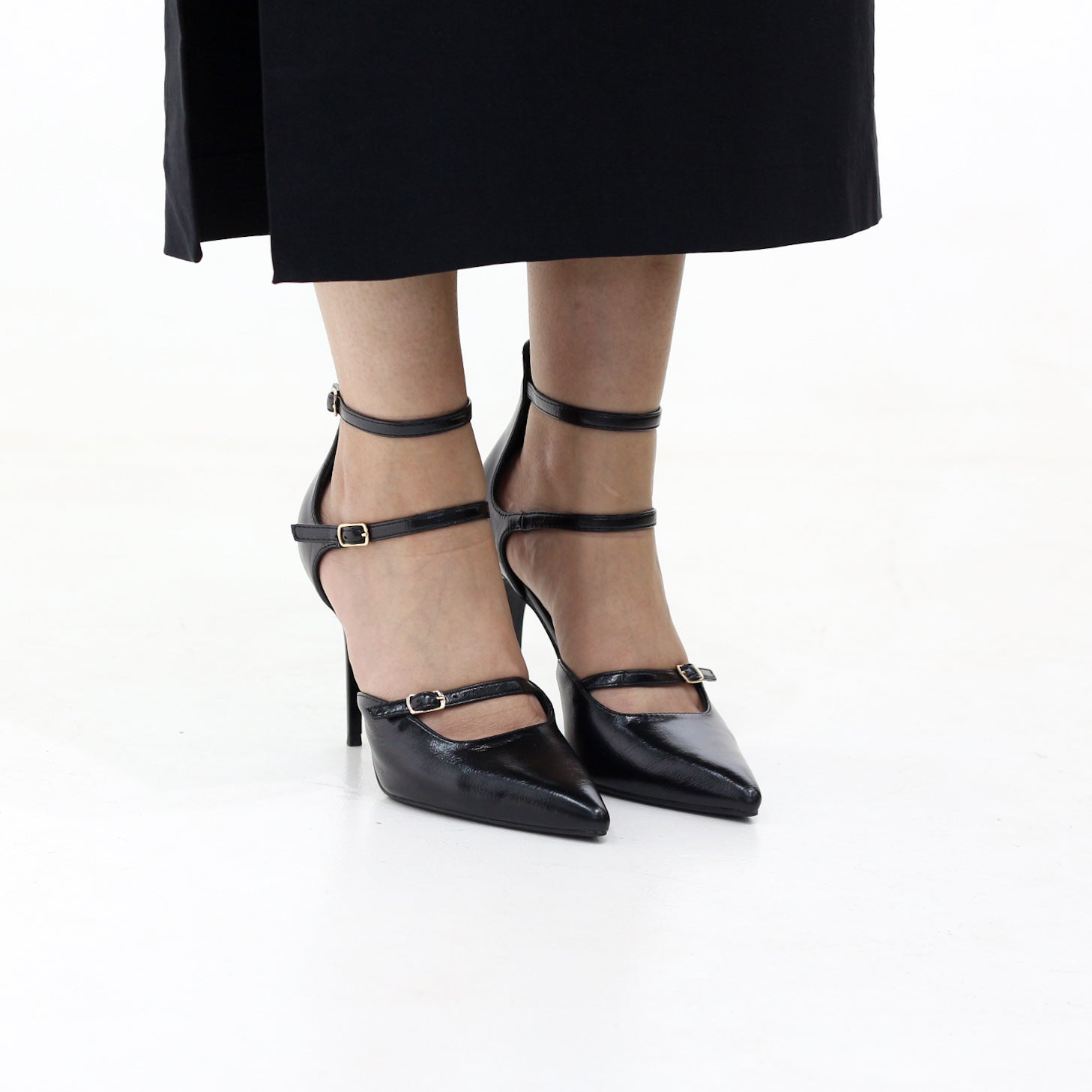 Moss triple-strap pointed stiletto 10.5cm heel with buckles