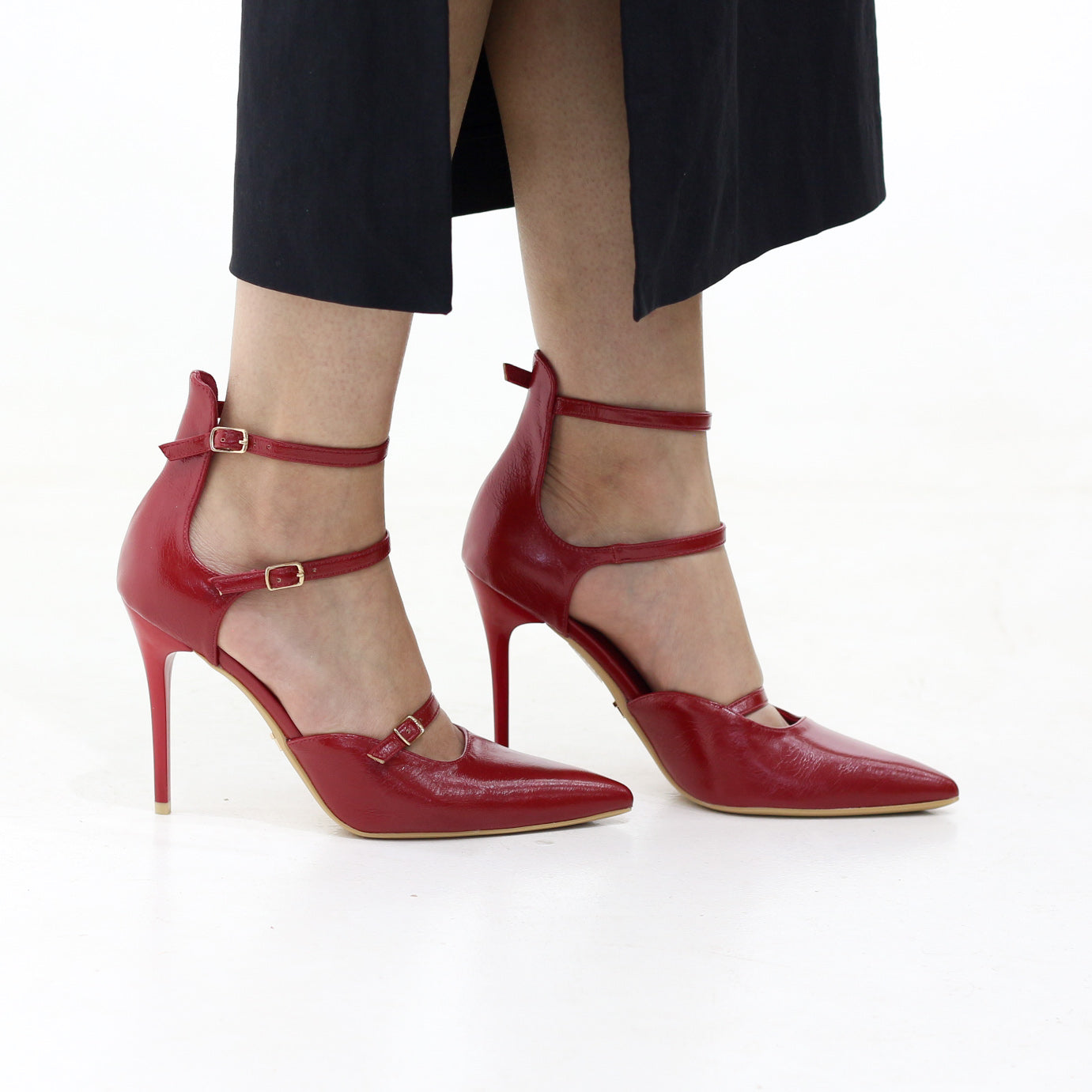 Moss triple-strap pointed stiletto 10.5cm heel with buckles