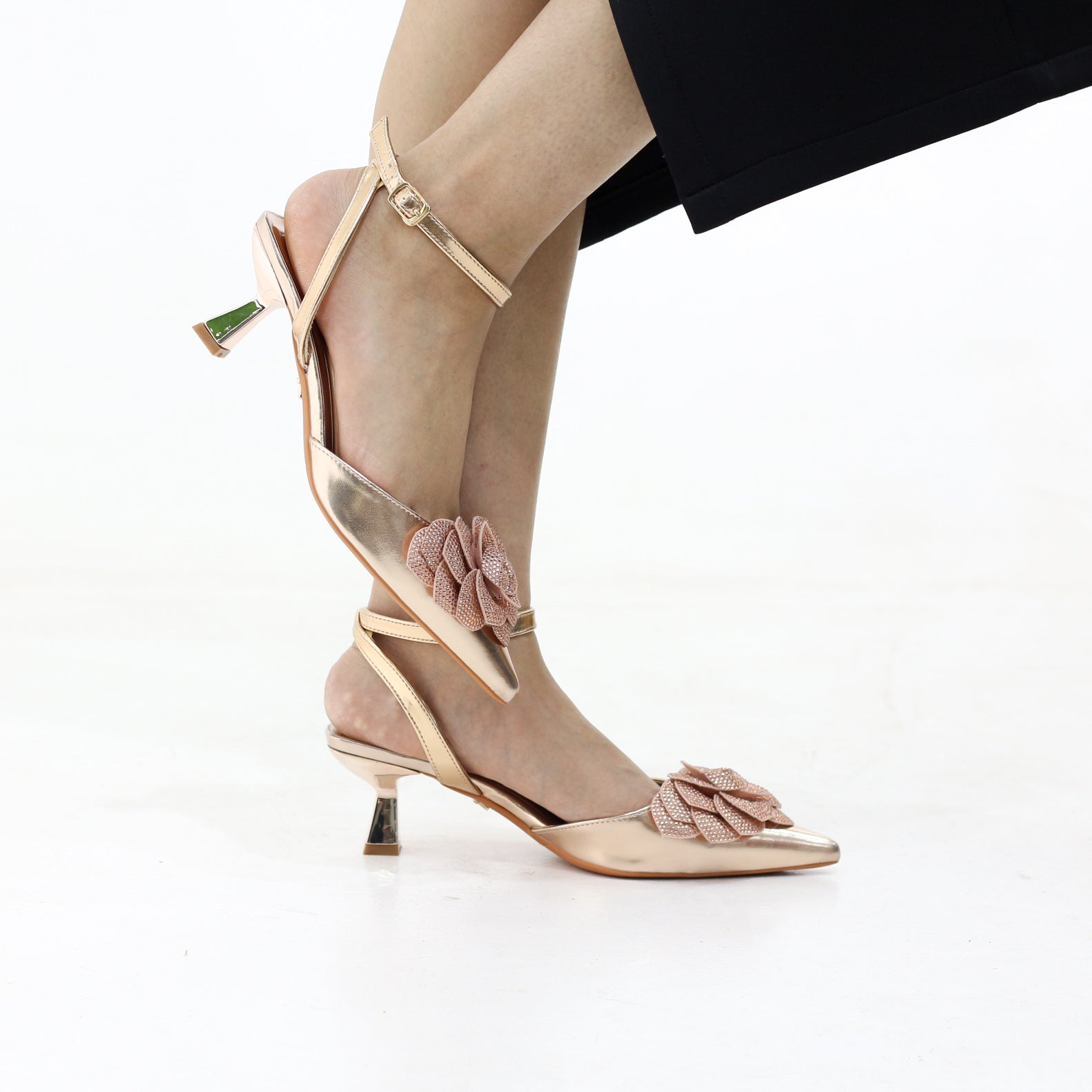 Rosette pointed-toe ankle strap 6cm heel with floral