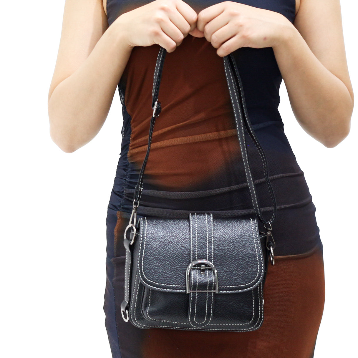 Wavelite stitched flap crossbody bag with silver buckle