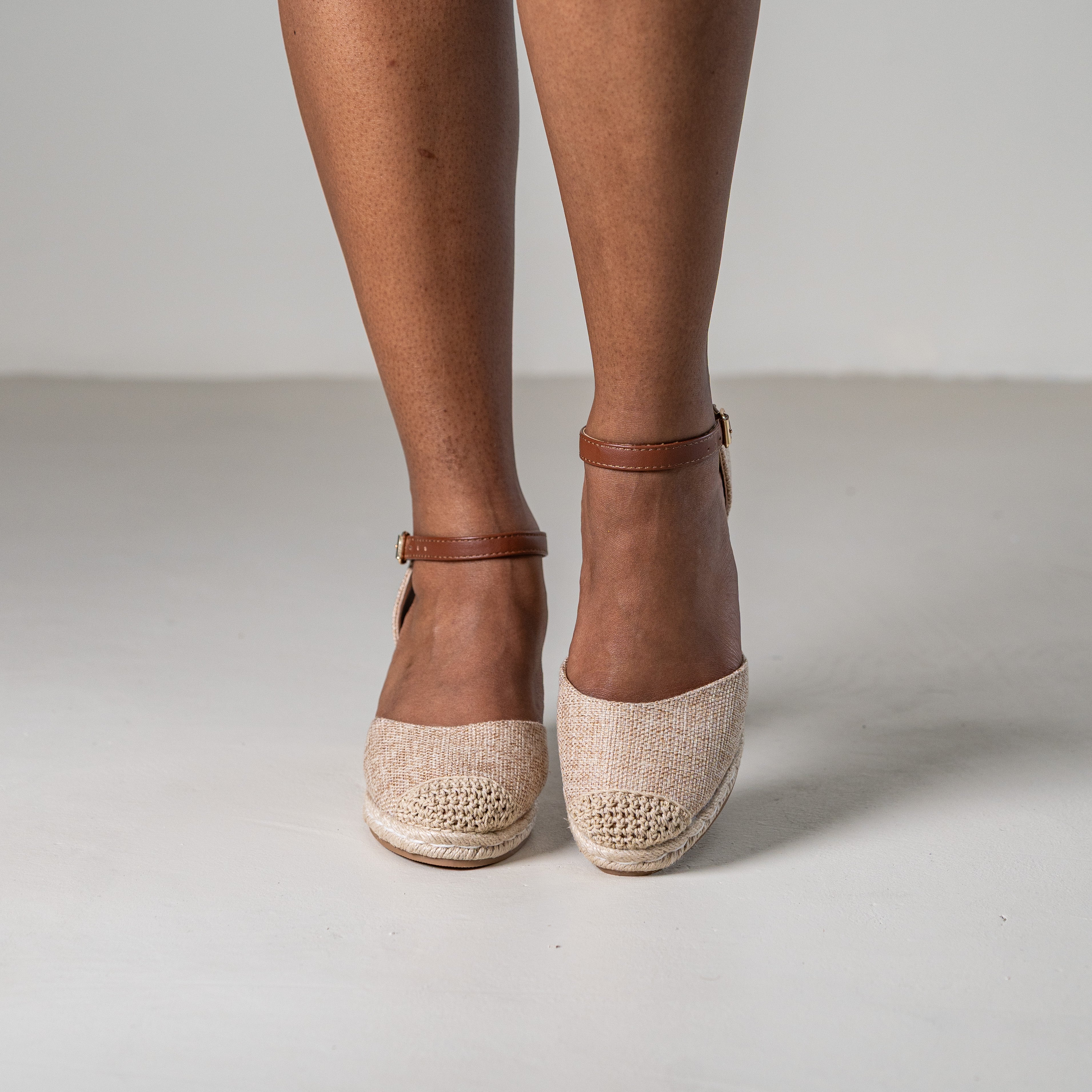 Hitomi espadrille woven closed toe 8cm wedge heel sandals beige