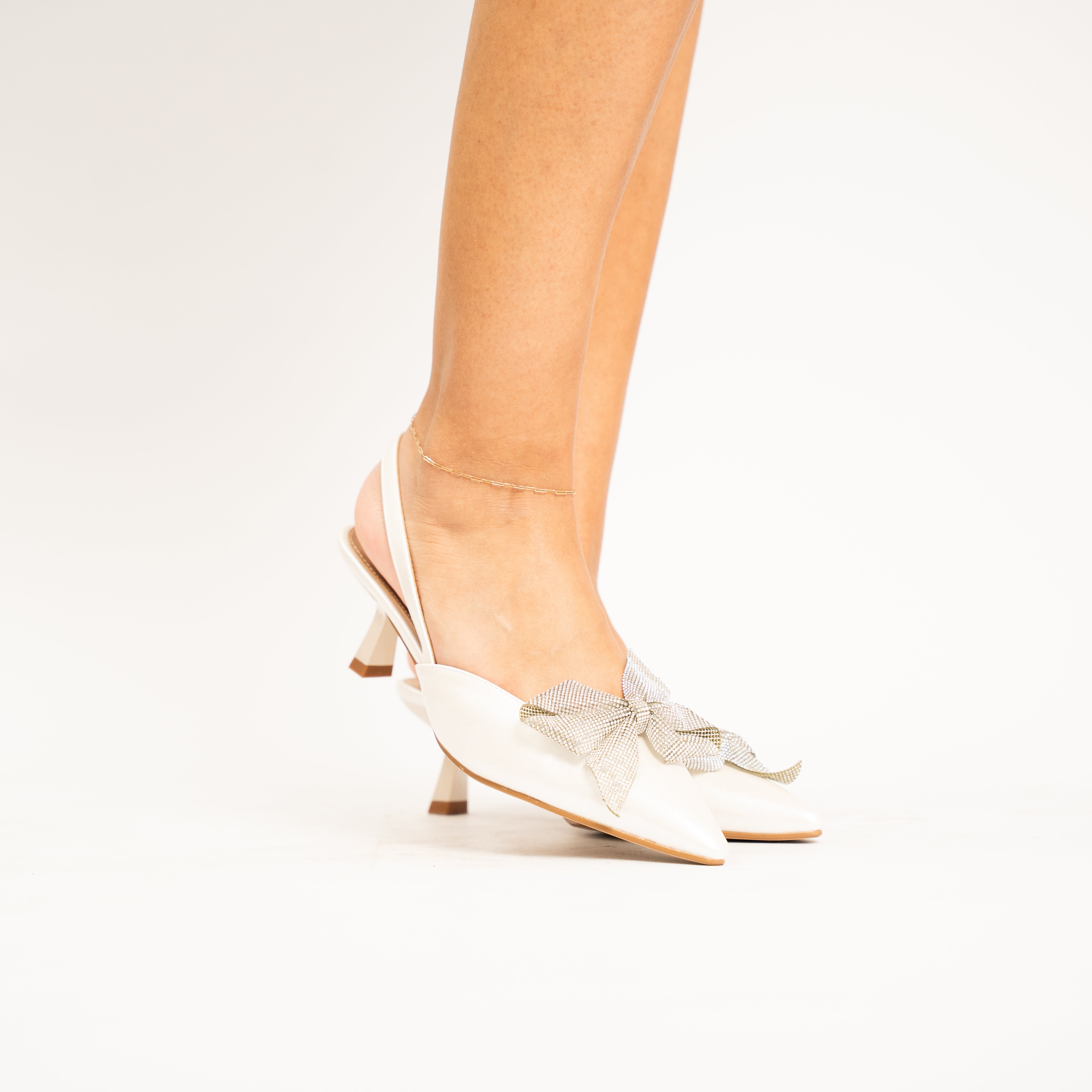 Ginley women elegant metallic slingback with sparkling bow kitten-heel