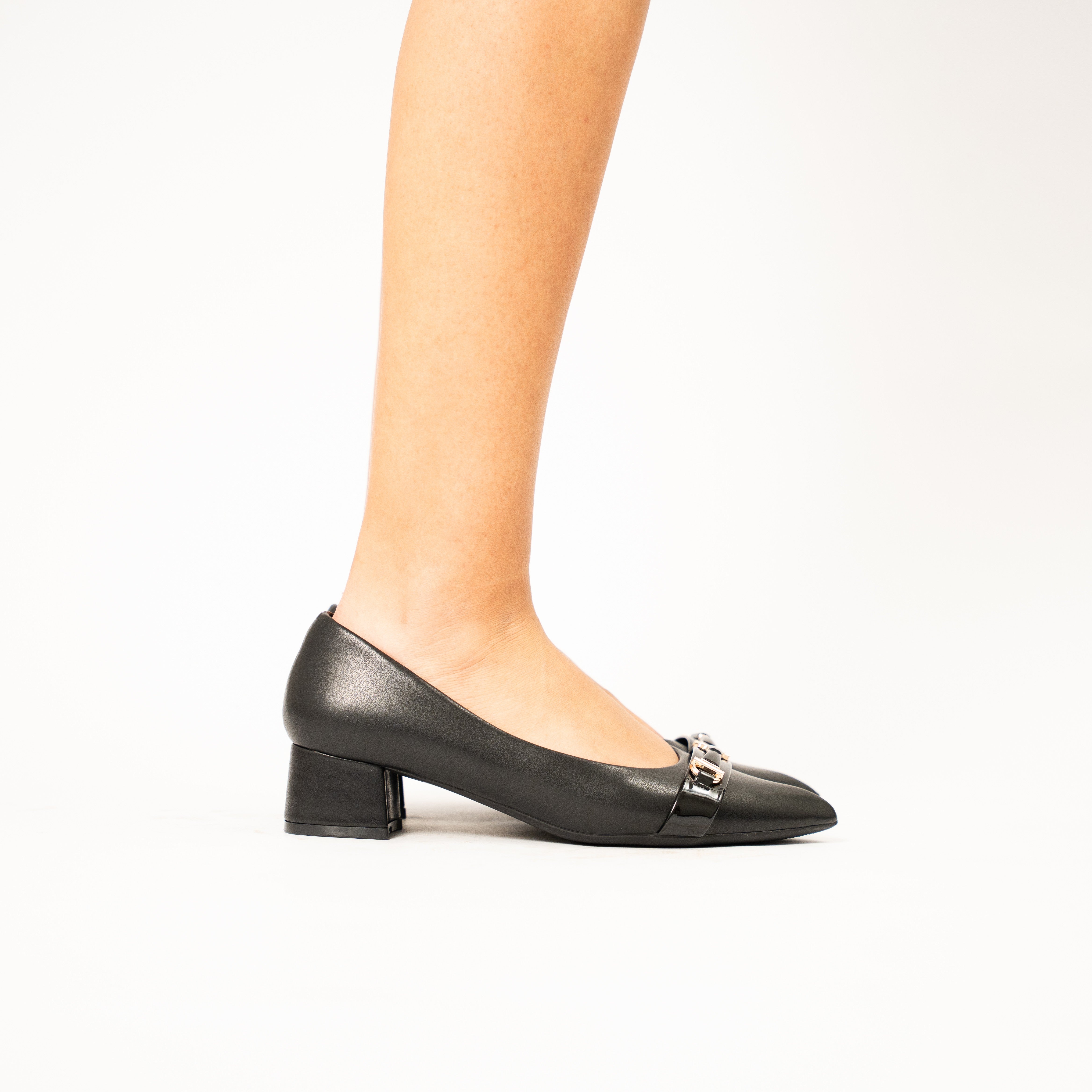Twila women pointed toe block heel buckle court shoe