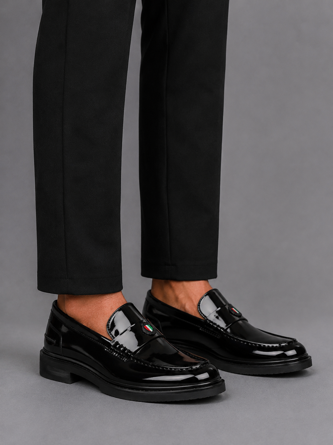 Mazerata Elia11 Glossy black patent loafers with sleek Italian detailing