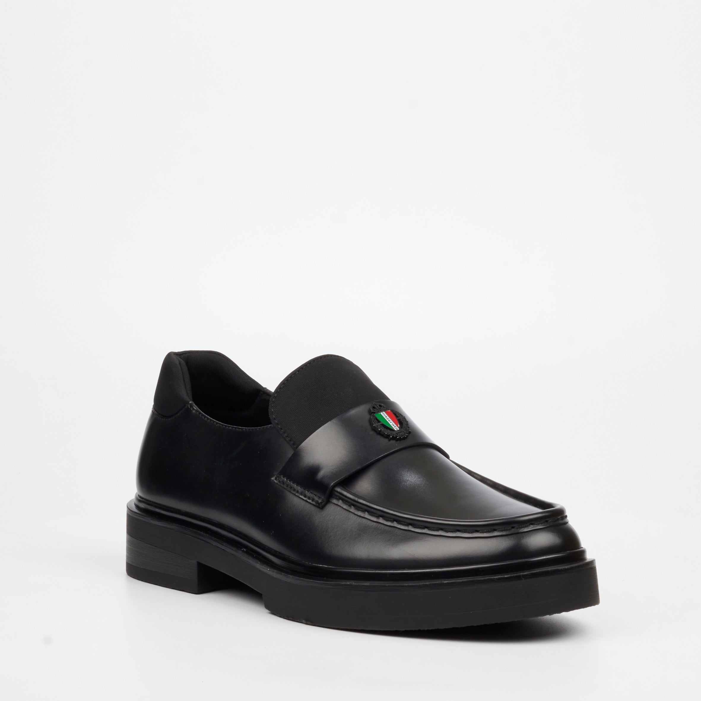 Mazerata Elia18 sleek black loafer with statement strap detail