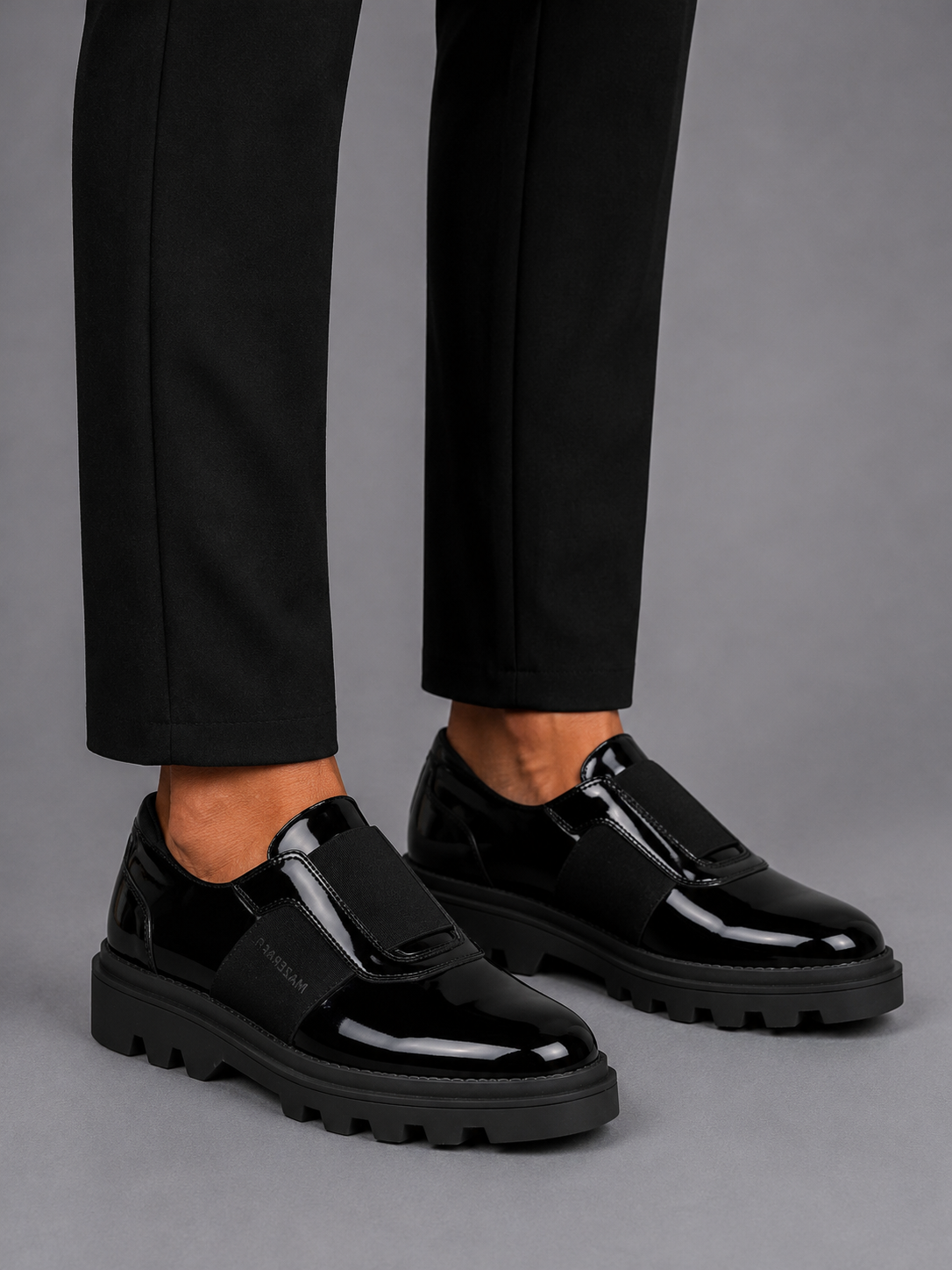 Mazerata vinchey82 polished black loafer with bold elastic detailing