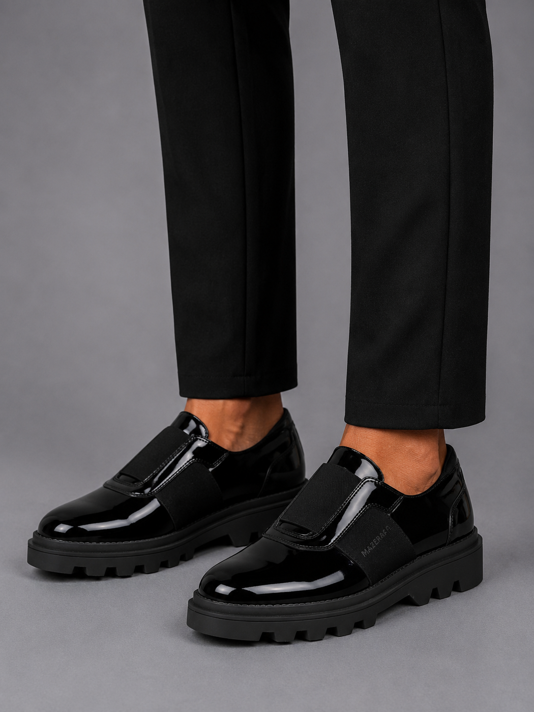 Mazerata vinchey82 polished black loafer with bold elastic detailing