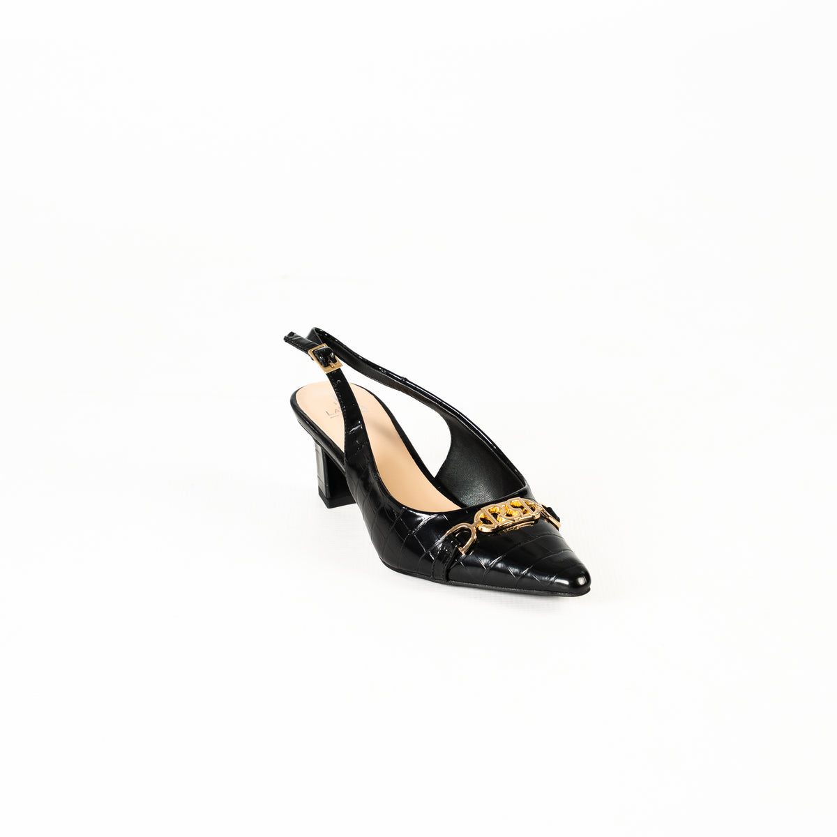Fayu women's pointed-toe low heels with gold buckle