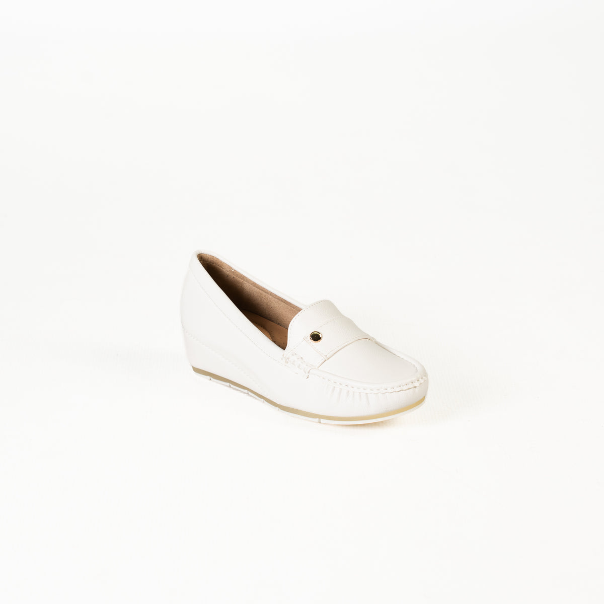 Plasma women's white loafers with elegant strap detailing and comfortable soles.