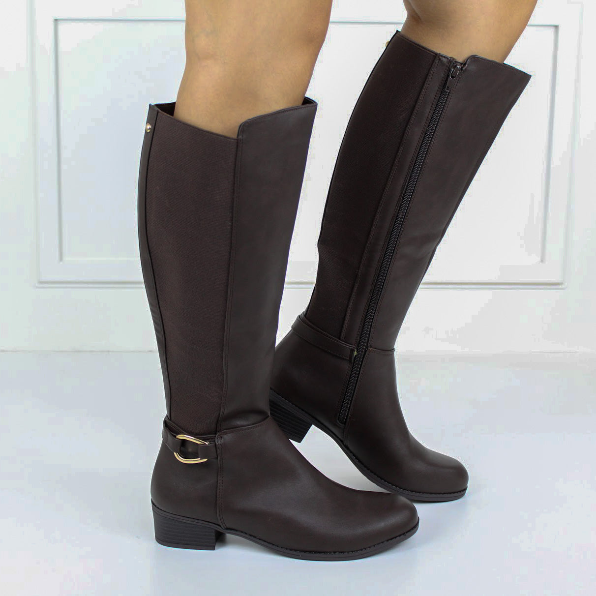 Harper knee high belt buckle low heel boot brown