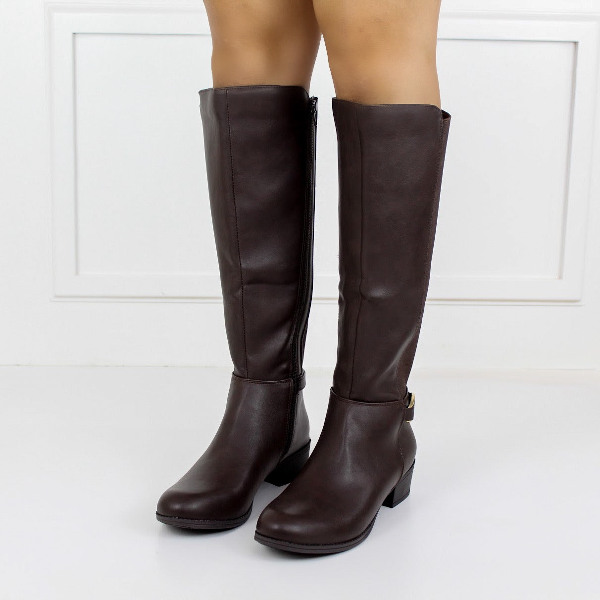 Harper knee high belt buckle low heel boot brown