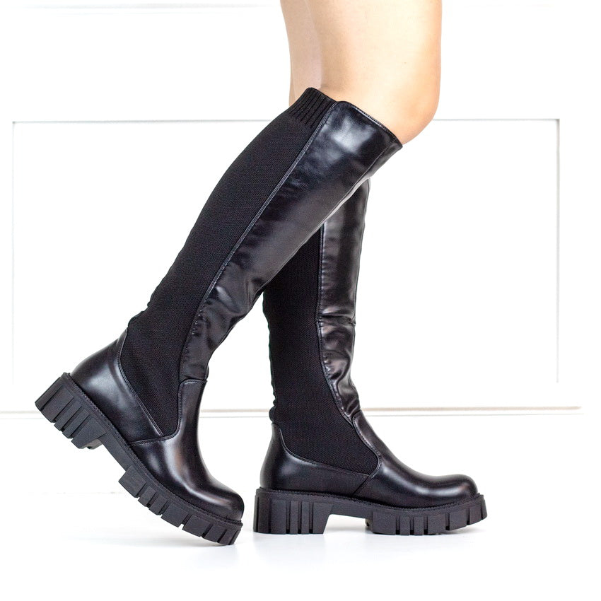 Anushka knee high chunky boot jersey black
