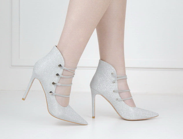 Helen2 shimmer 10cm pointy with 4 elastic belts silver