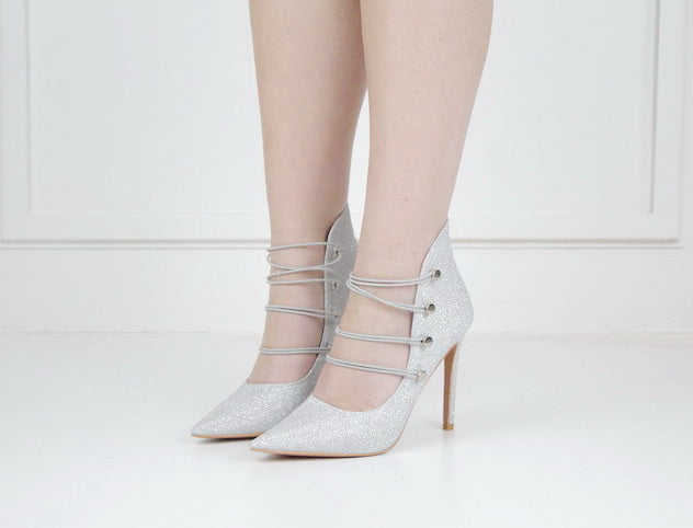 Helen2 shimmer 10cm pointy with 4 elastic belts silver