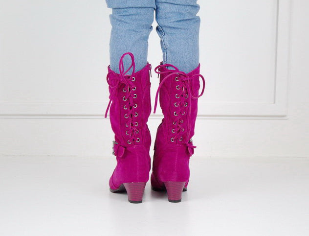 Hazeli girls long boot with back lace fuschia