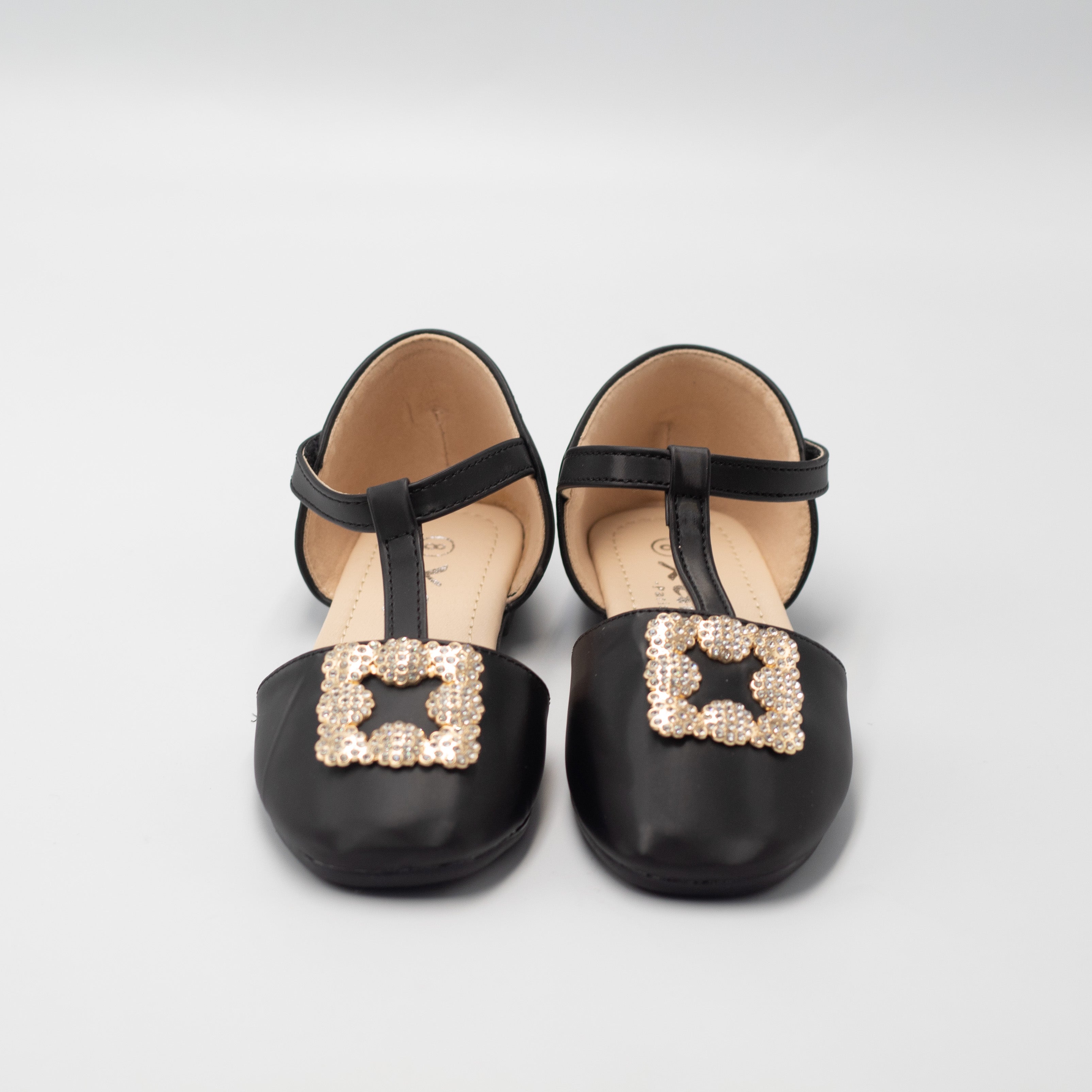 Ayla inf girls t-shaped belt pump with gold trim black