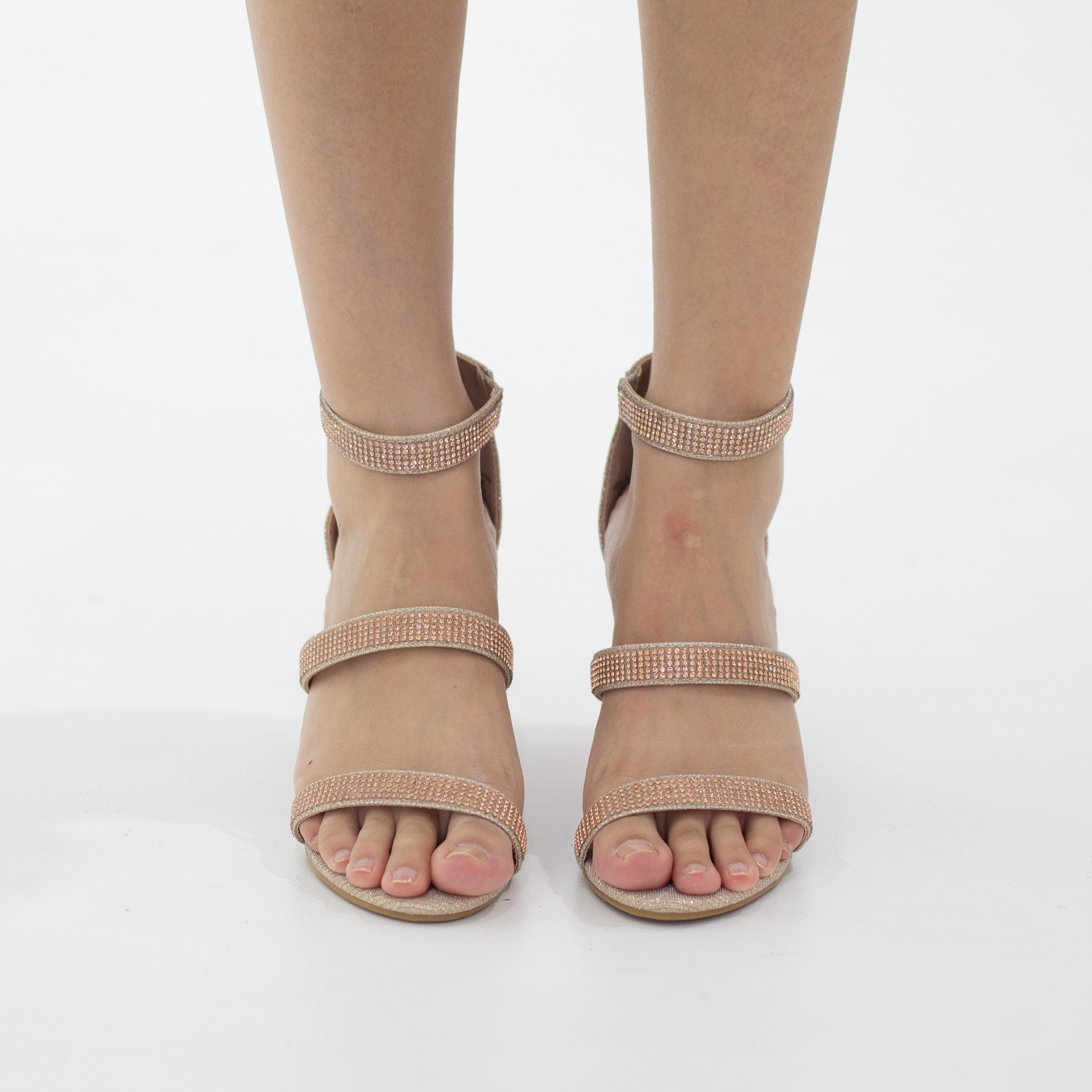 Razina double band ankle strap sandal 8cm block heel shimmer champagne