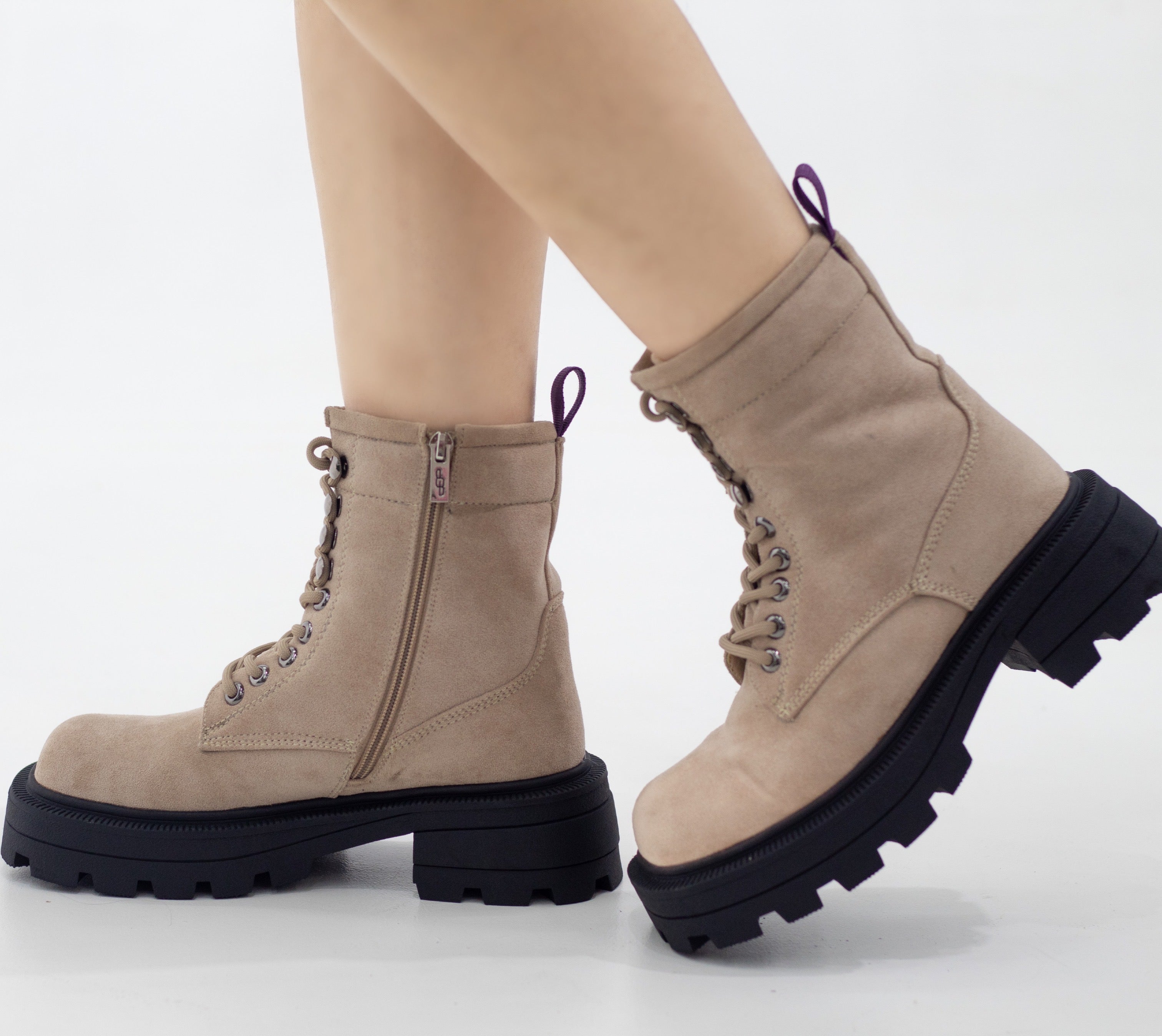 Okara micro fibre chunky lace up ankle boot beige