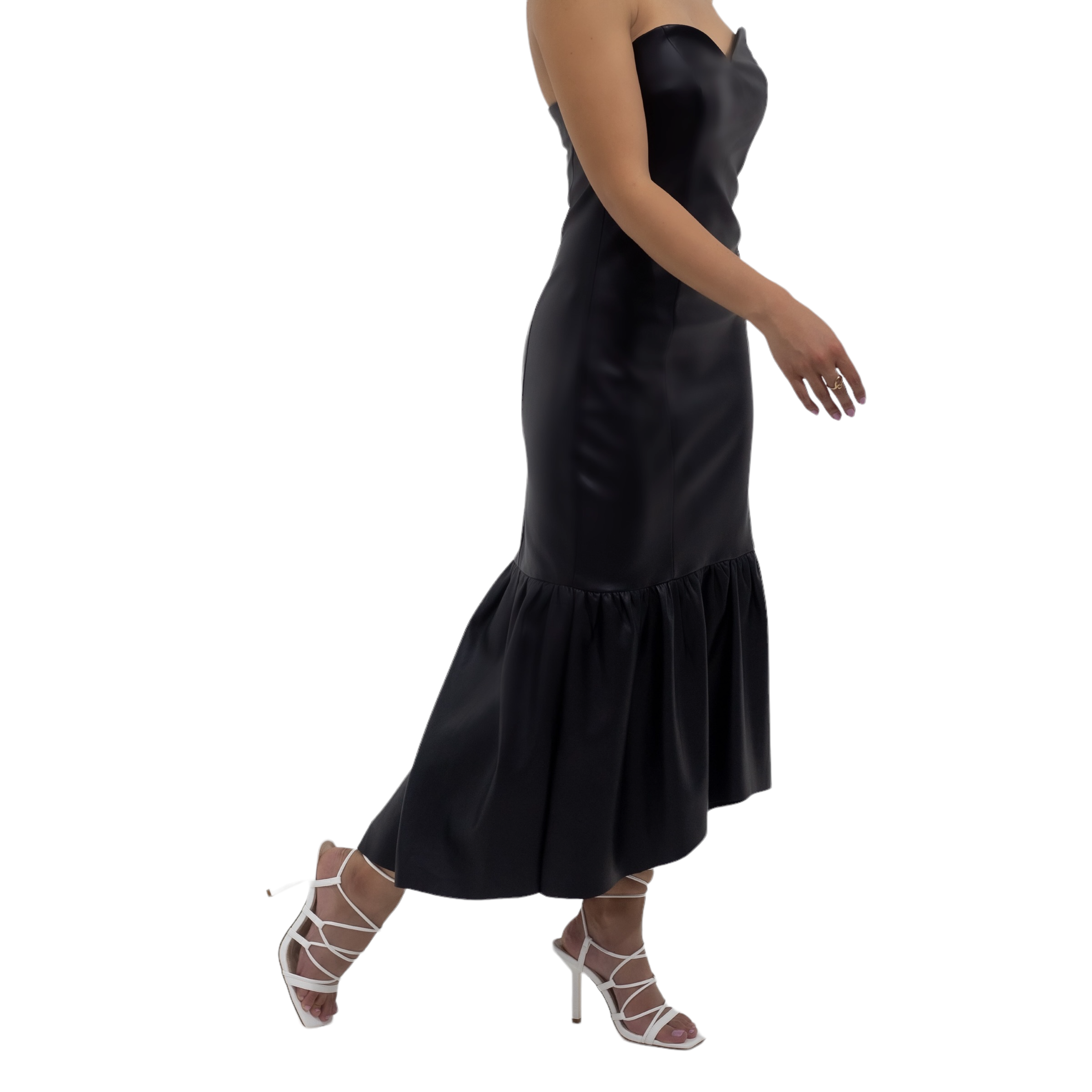 Mila strapless vegan leather midi dress black