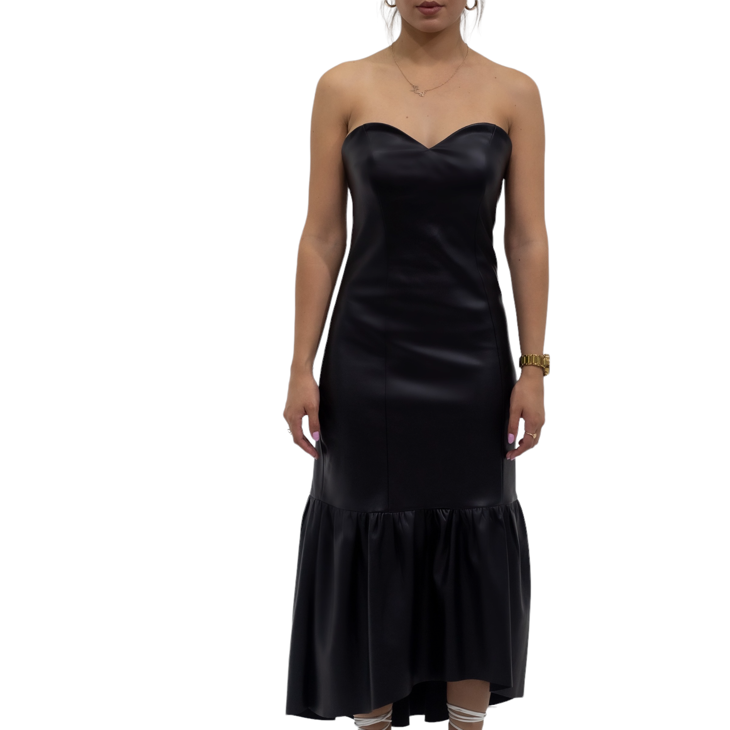 Mila strapless vegan leather midi dress black
