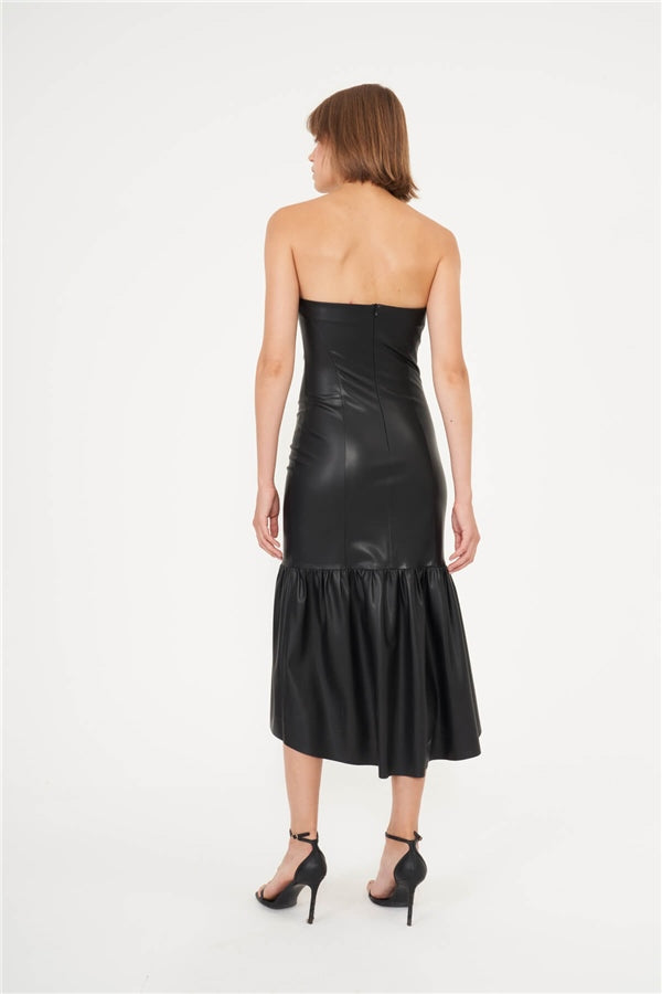 Mila strapless vegan leather midi dress black