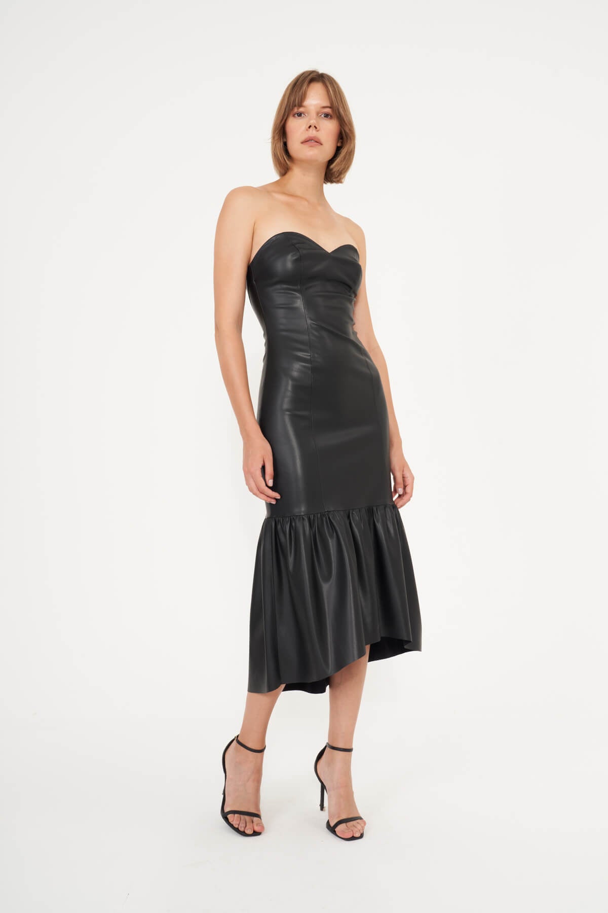 Mila strapless vegan leather midi dress black