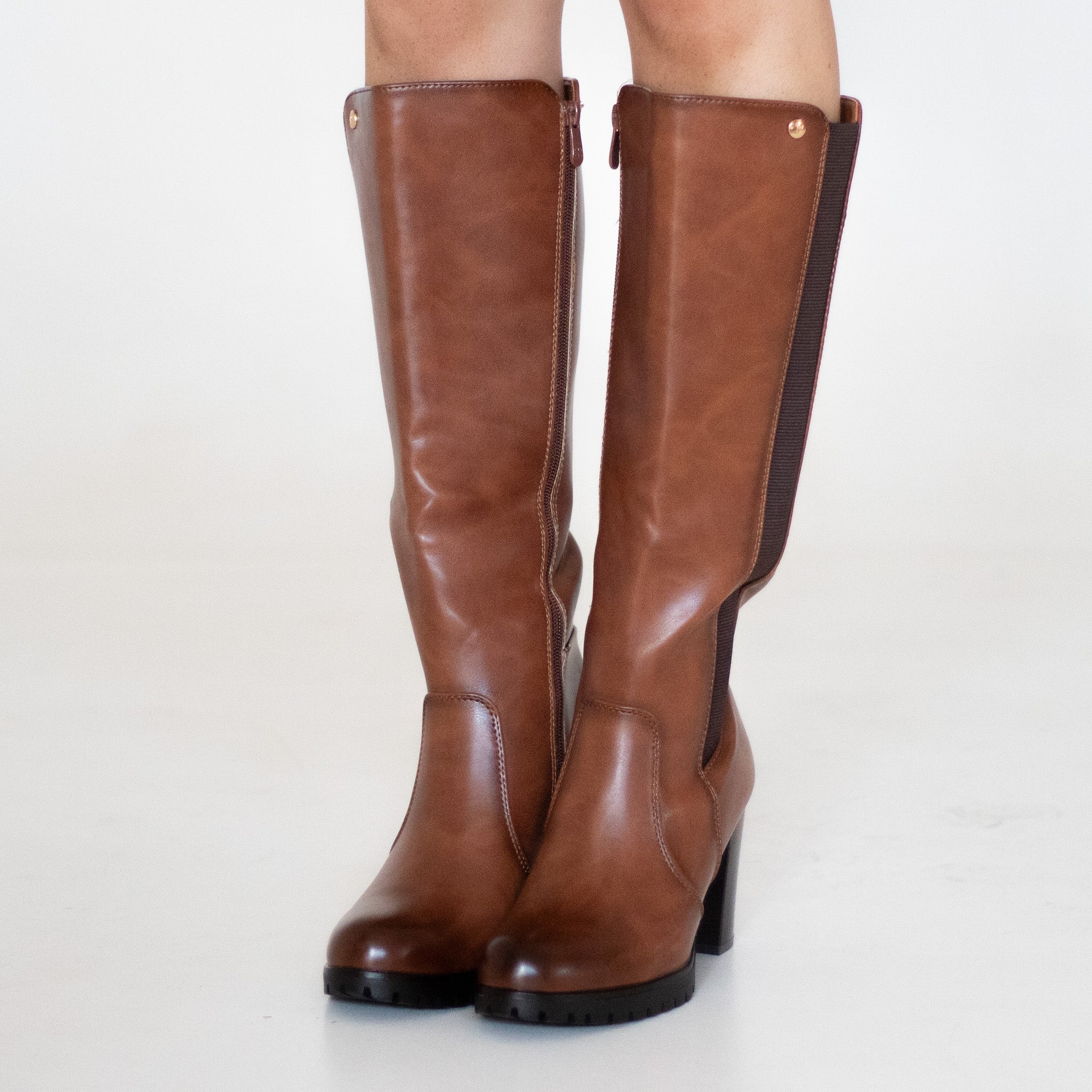 Kazea knee high boot with elastic mat on 8.5cm heel tan