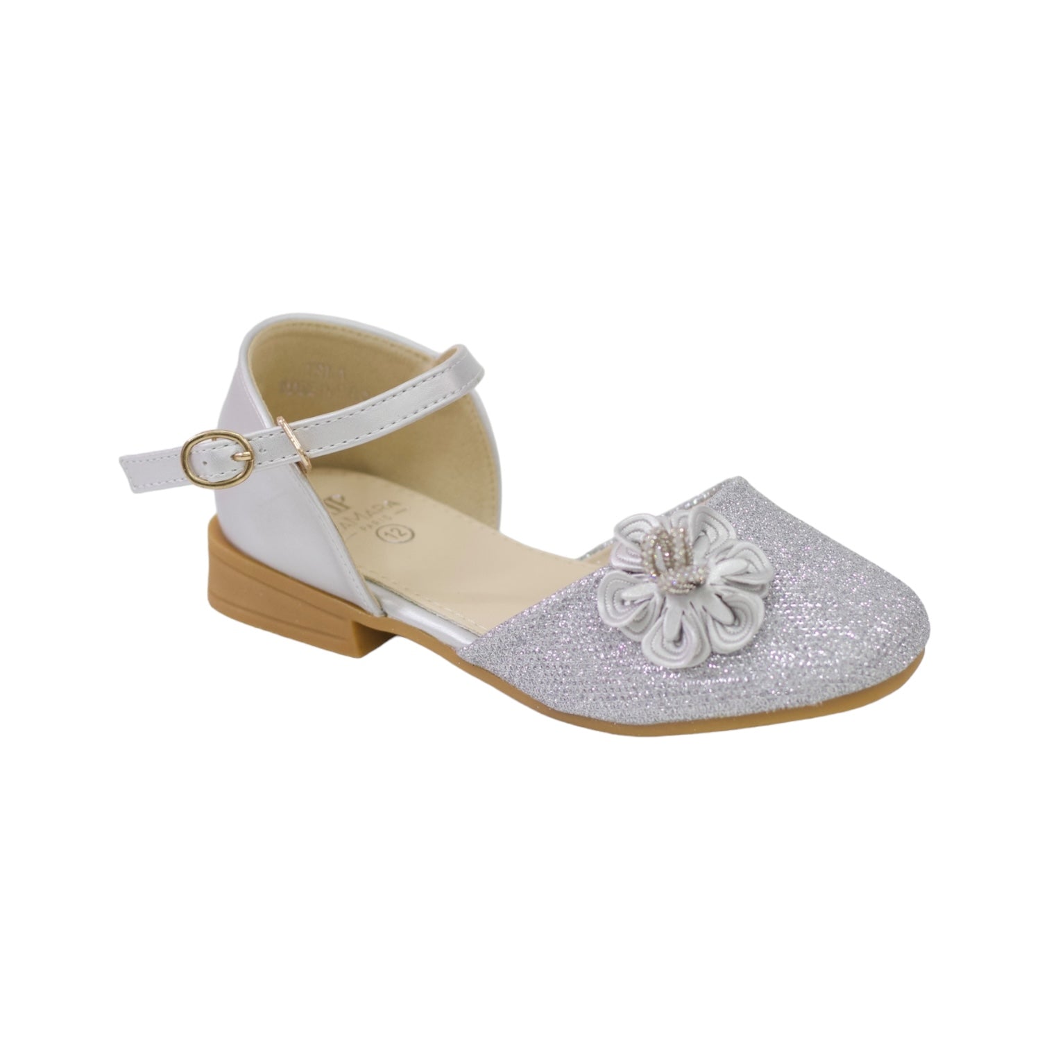 Isla girls bridal shoe with flower in shimmer silver