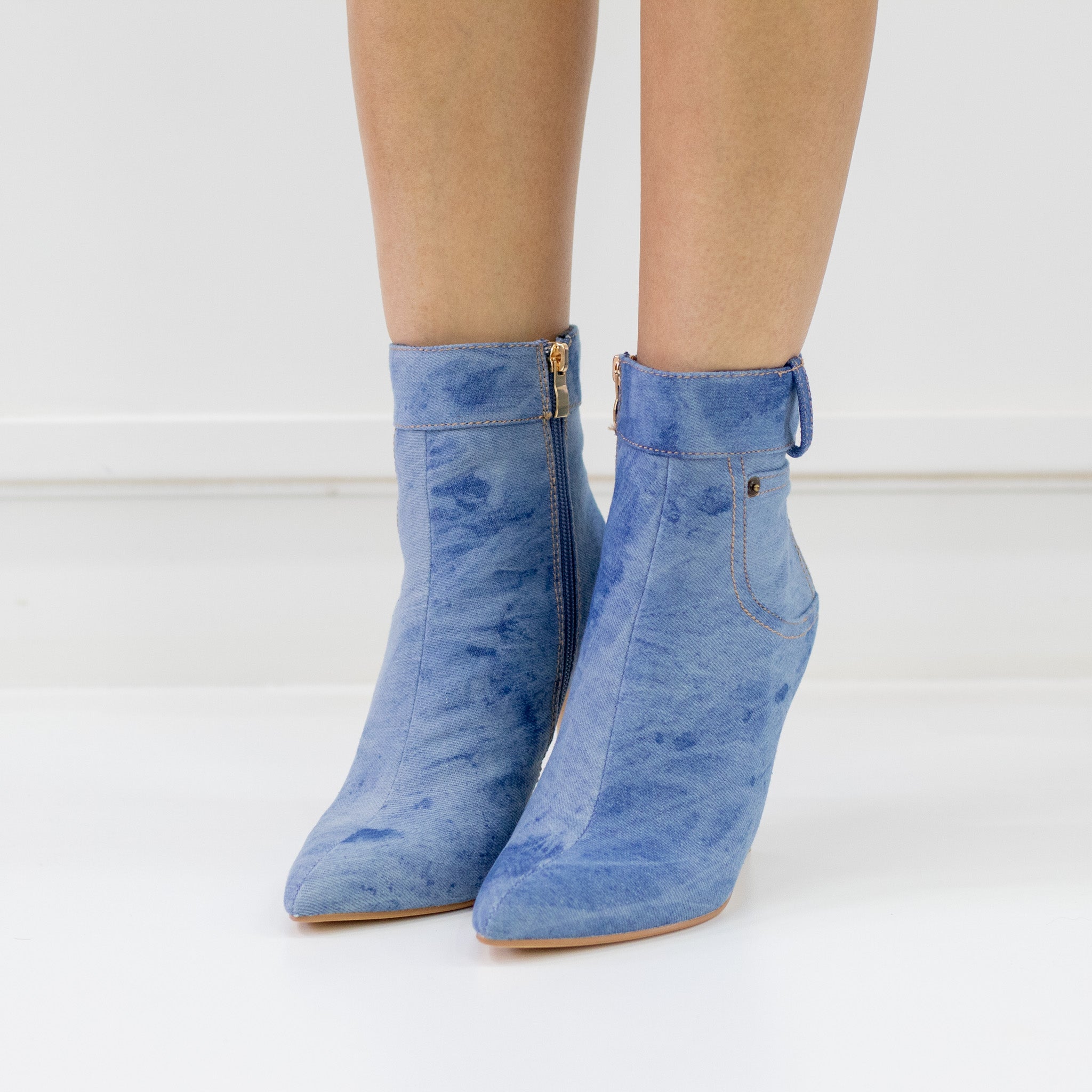 Beat 10cm heel low-rise jeans pointy ankle boot denim blue