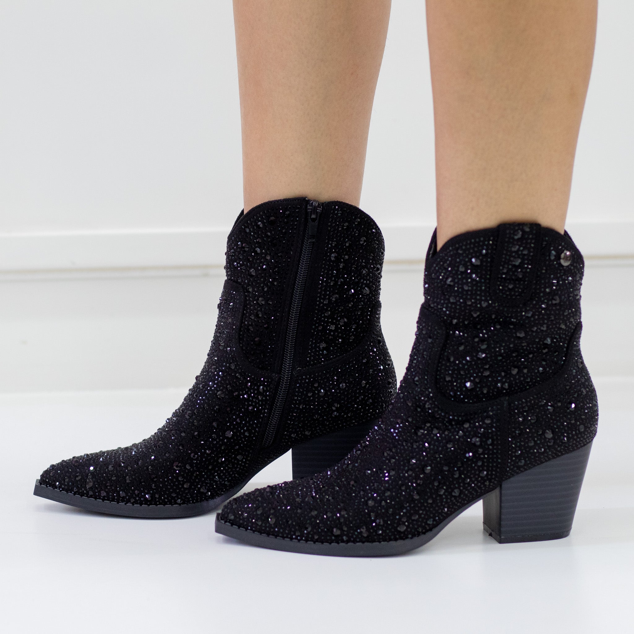 Sort diamante embellished cowboy 7cm heel bootie black